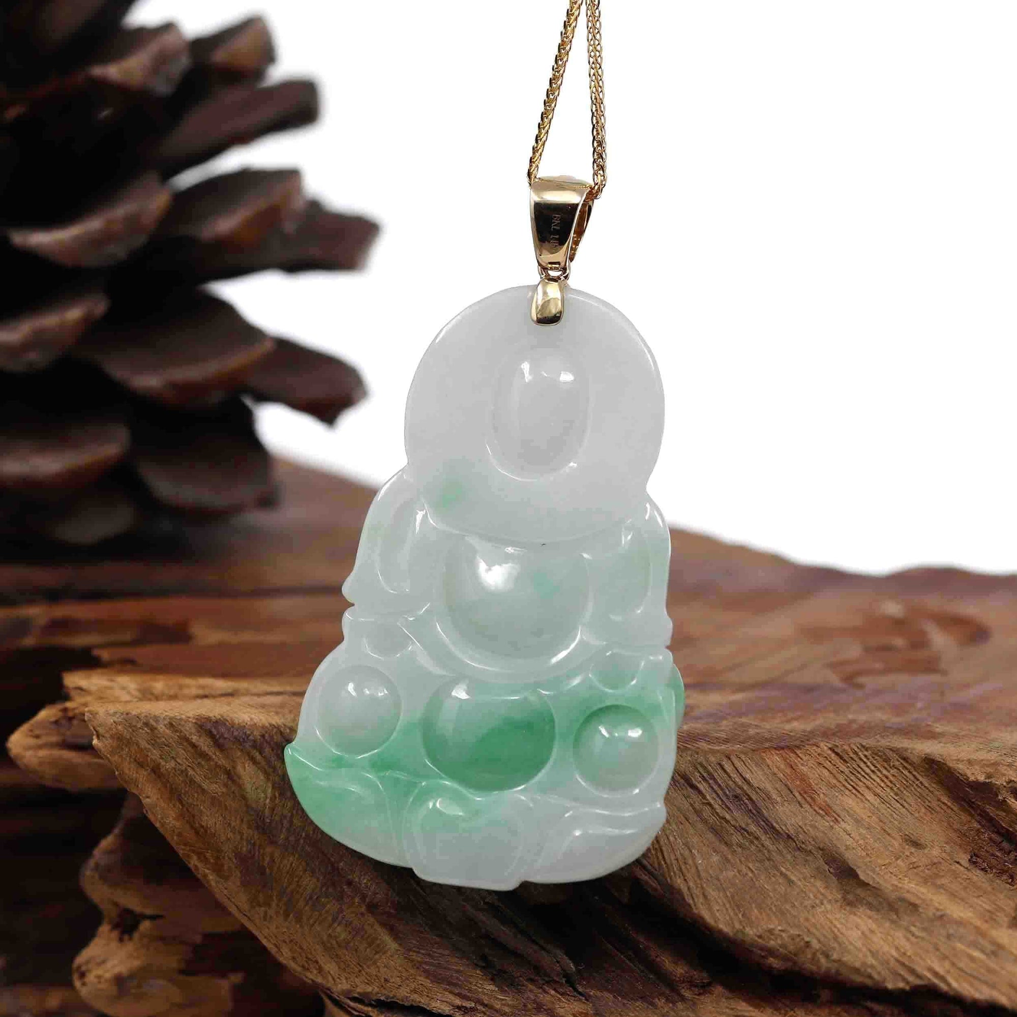 Baikalla Jewelry Jade Guanyin Pendant Necklace Goddess of Compassion&quot; 14k Yellow Gold Genuine Burmese Jadeite Jade Guanyin Necklace With Good Luck Design