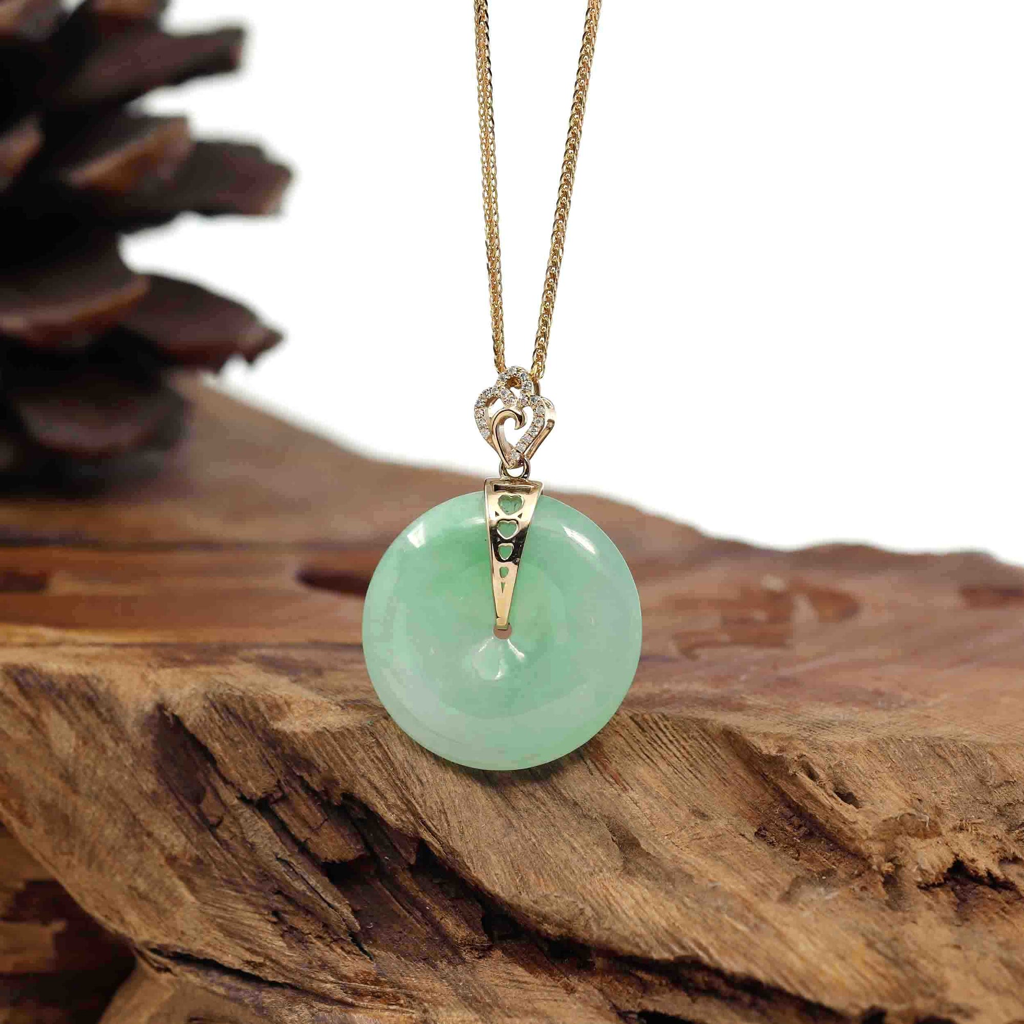 Baikalla Jewelry Gold Jadeite Jade Pendant Necklace Pendant Only "Good Luck Button" Green Jadeite Jade Lucky KouKou Pendant With 14K Yellow Gold Diamond Bail