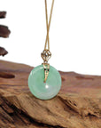 Baikalla Jewelry Gold Jadeite Jade Pendant Necklace "Good Luck Button" Green Jadeite Jade Lucky KouKou Pendant With 14K Yellow Gold Diamond Bail