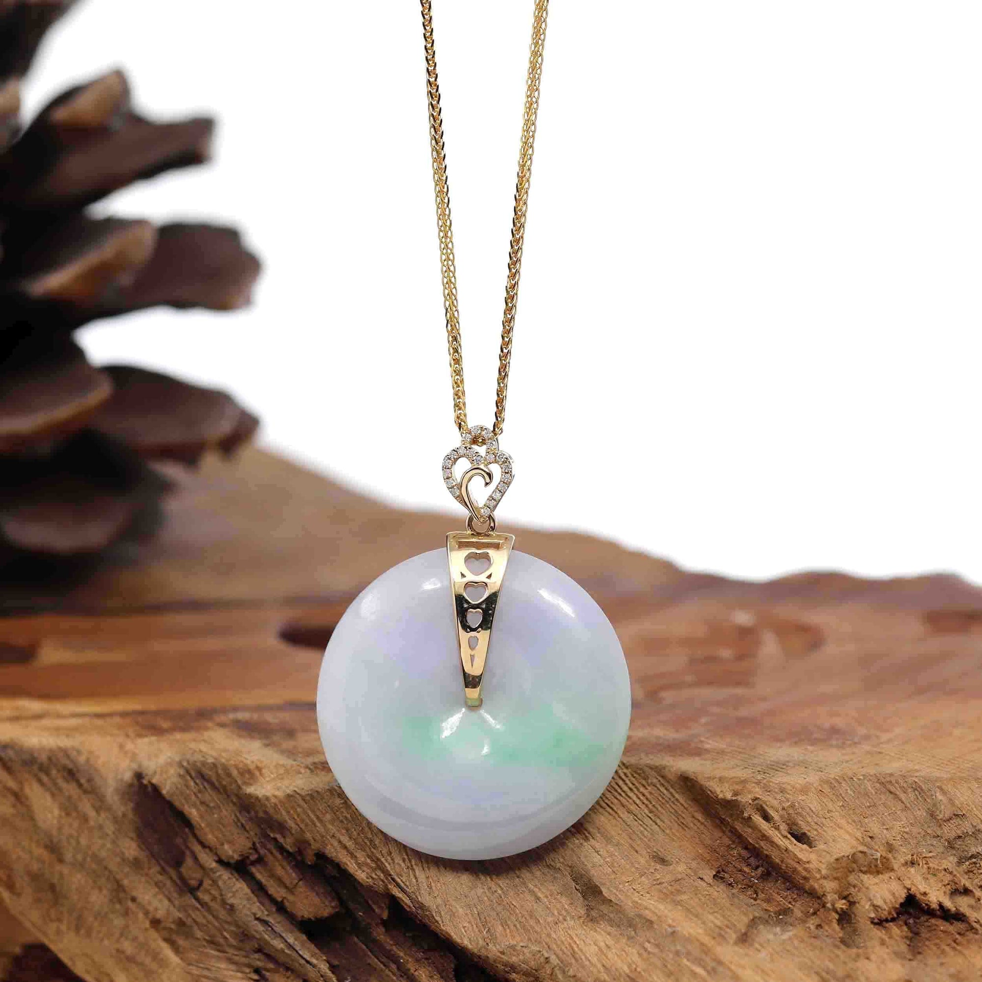 Baikalla Jewelry Gold Jadeite Jade Pendant Necklace &quot;Good Luck Button&quot; Lavender Jadeite Jade Lucky KouKou Pendant With 14K Yellow Gold Diamond Bail