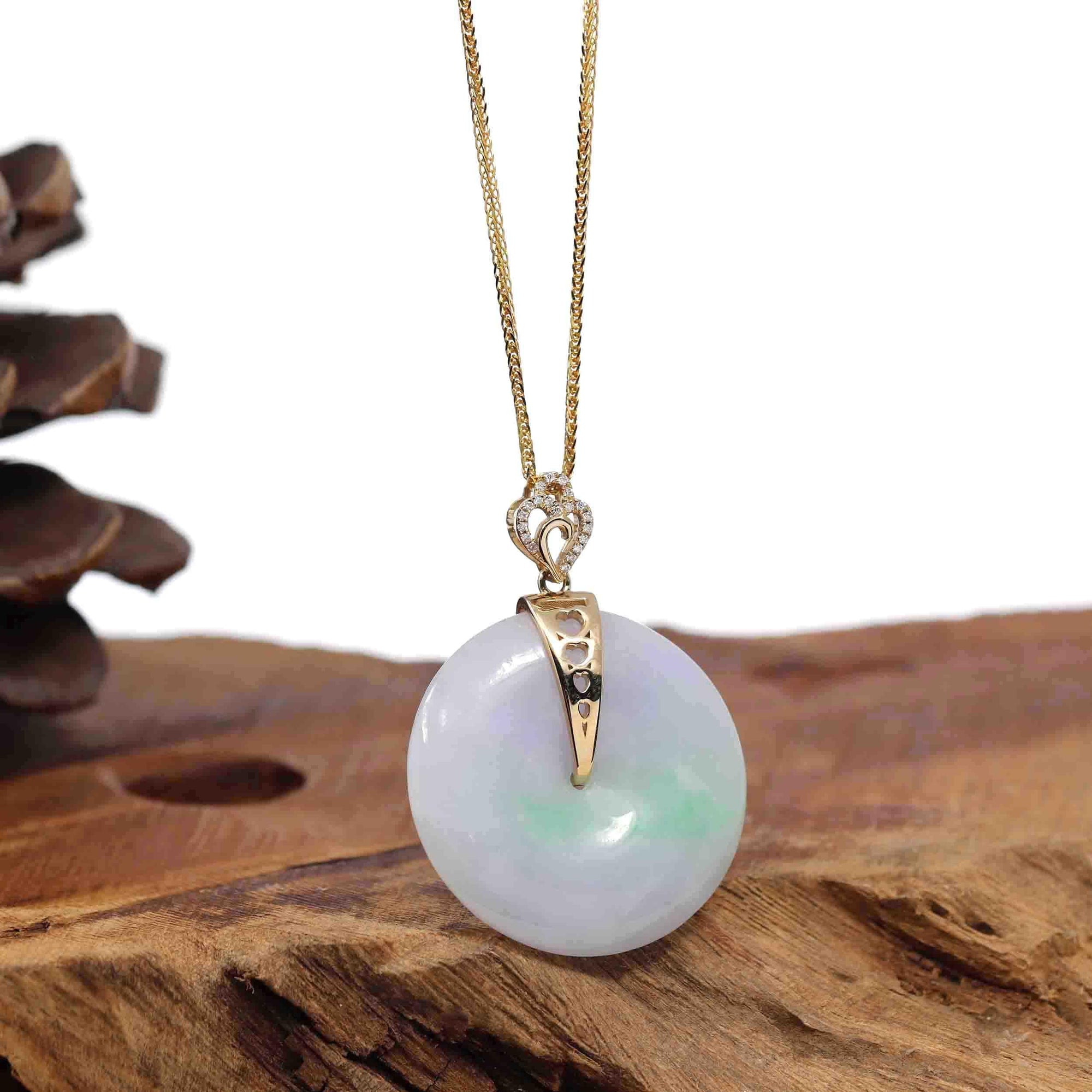 Baikalla Jewelry Gold Jadeite Jade Pendant Necklace &quot;Good Luck Button&quot; Lavender Jadeite Jade Lucky KouKou Pendant With 14K Yellow Gold Diamond Bail