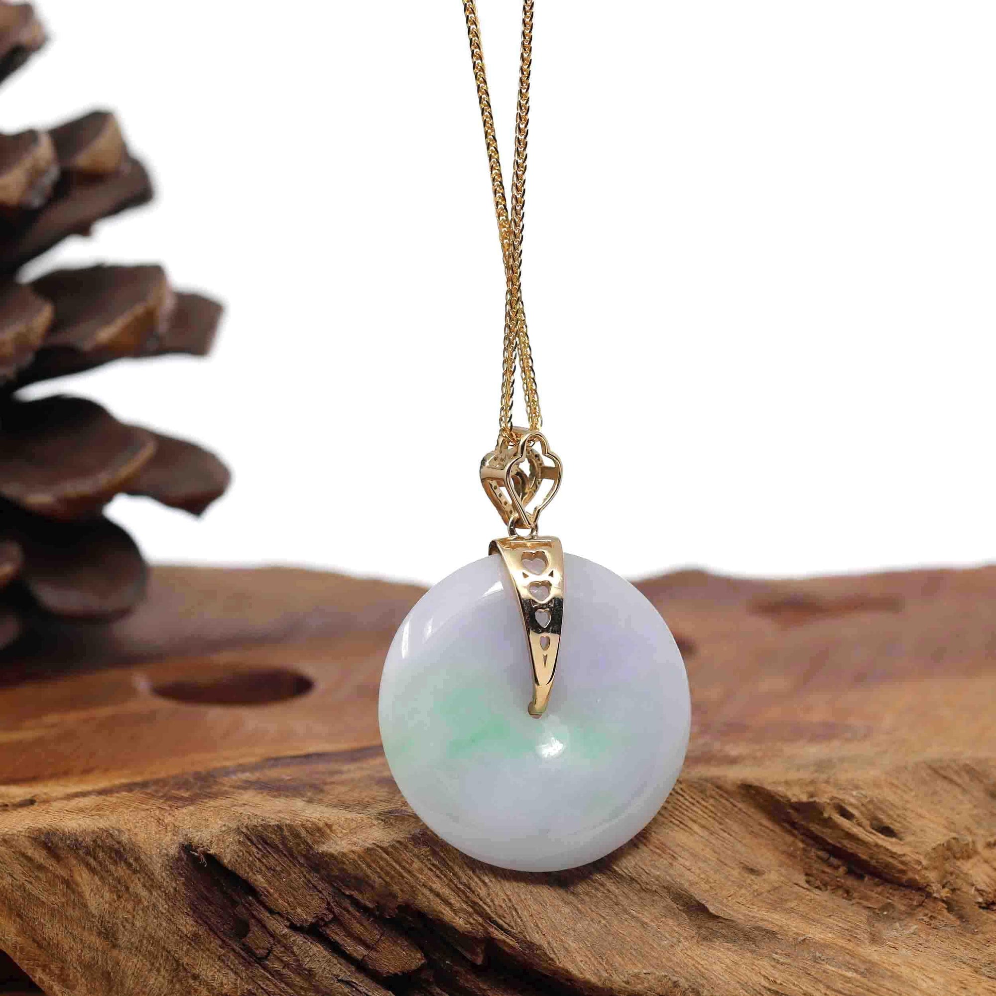 Baikalla Jewelry Gold Jadeite Jade Pendant Necklace Pendant Only "Good Luck Button" Lavender Jadeite Jade Lucky KouKou Pendant With 14K Yellow Gold Diamond Bail