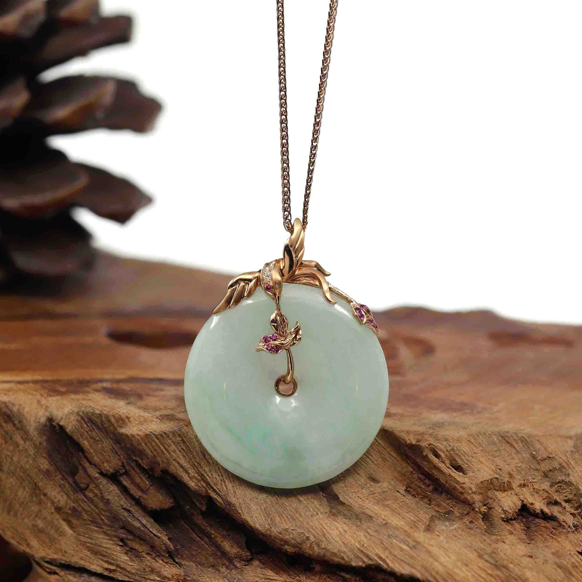 Baikalla Jewelry 18k Gold Jadeite Necklace 18k Rose Gold Genuine Burmese Jadeite Lucky Kou Kou Pendant Necklace With AA Ruby