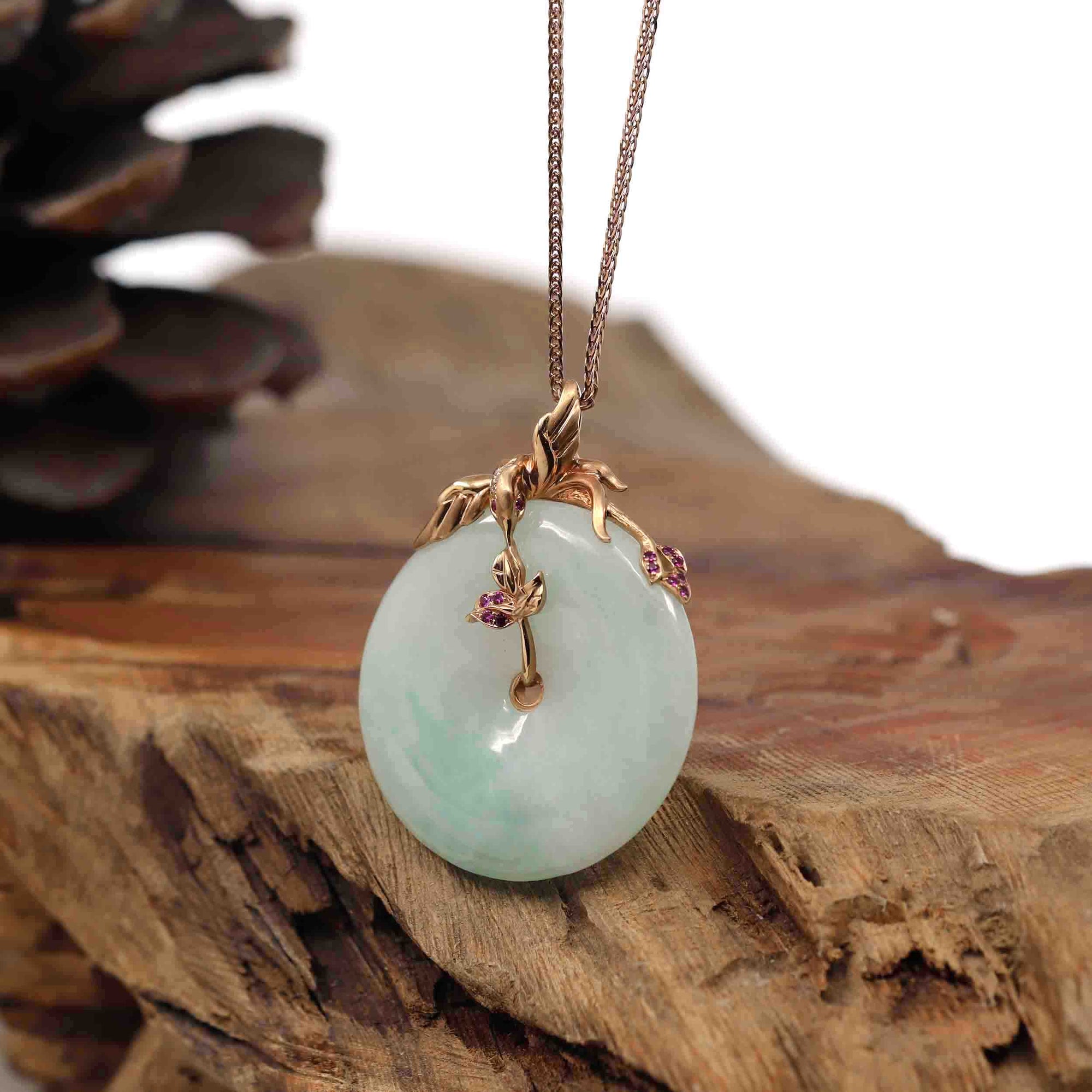 Baikalla Jewelry 18k Gold Jadeite Necklace 18k Rose Gold Genuine Burmese Jadeite Lucky Kou Kou Pendant Necklace With AA Ruby