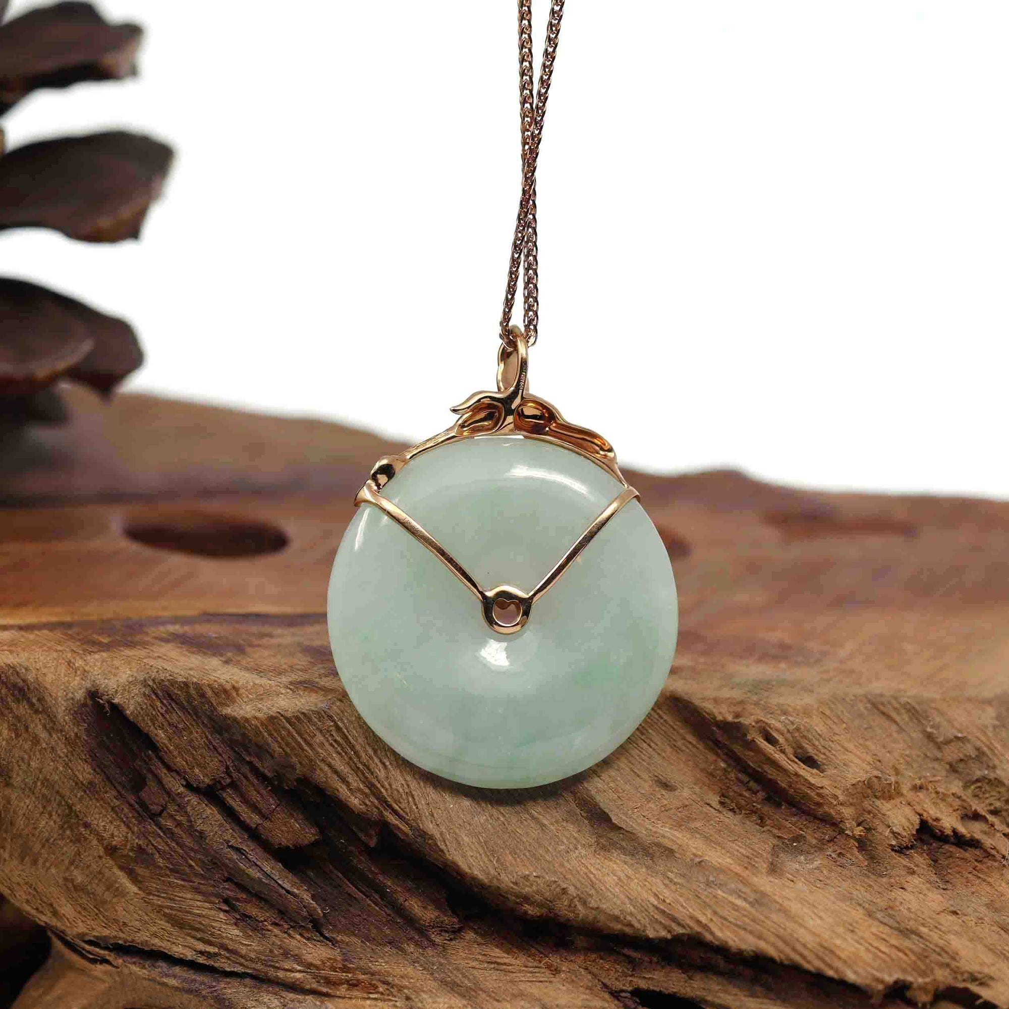 Baikalla Jewelry 18k Gold Jadeite Necklace 18k Rose Gold Genuine Burmese Jadeite Lucky Kou Kou Pendant Necklace With AA Ruby