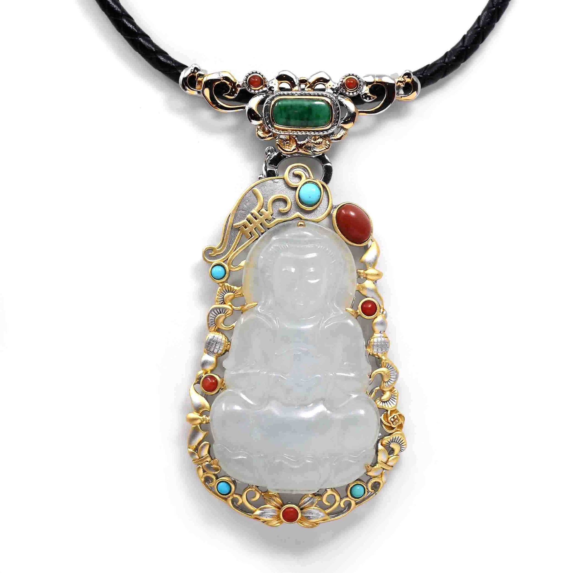 Baikalla Jewelry Jadeite Jade Buddha &amp; Guanyin Genuine Burmese light Green Jadeite Jade Guanyin Pendant Necklace