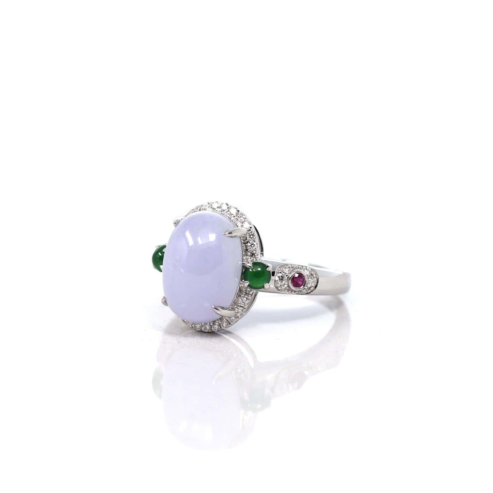 Baikalla Jewelry Jadeite Engagement Ring 18k White Gold Natural Rich Lavender Oval Jadeite Jade Engagement Ring With Diamonds