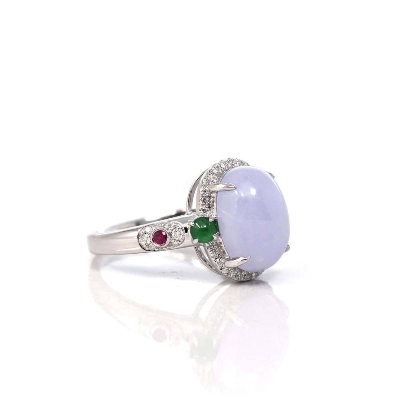 Baikalla Jewelry Jadeite Engagement Ring 18k White Gold Natural Rich Lavender Oval Jadeite Jade Engagement Ring With Diamonds