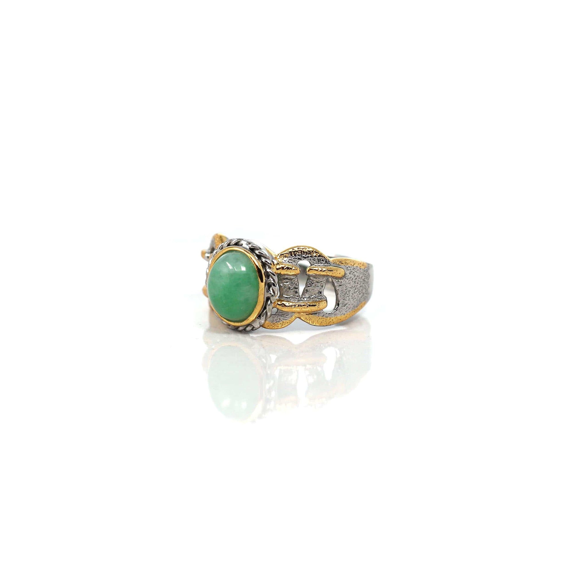 Baikalla Jewelry Jade Ring Baikalla Antique Natural Jadeite Jade Sterling Silver Gold Plated Two Tone Ring