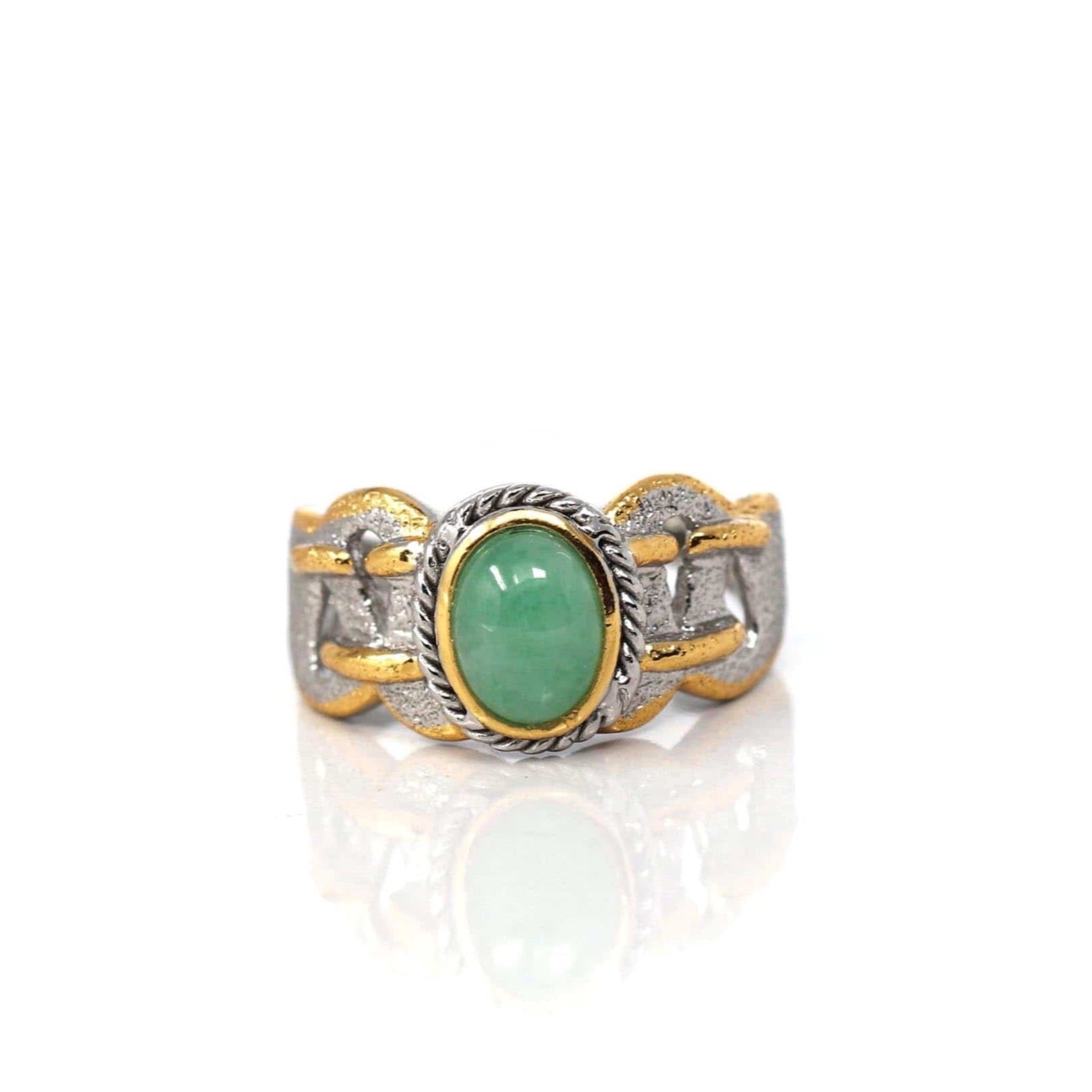 Baikalla Jewelry Jade Ring Baikalla Antique Natural Jadeite Jade Sterling Silver Gold Plated Two Tone Ring