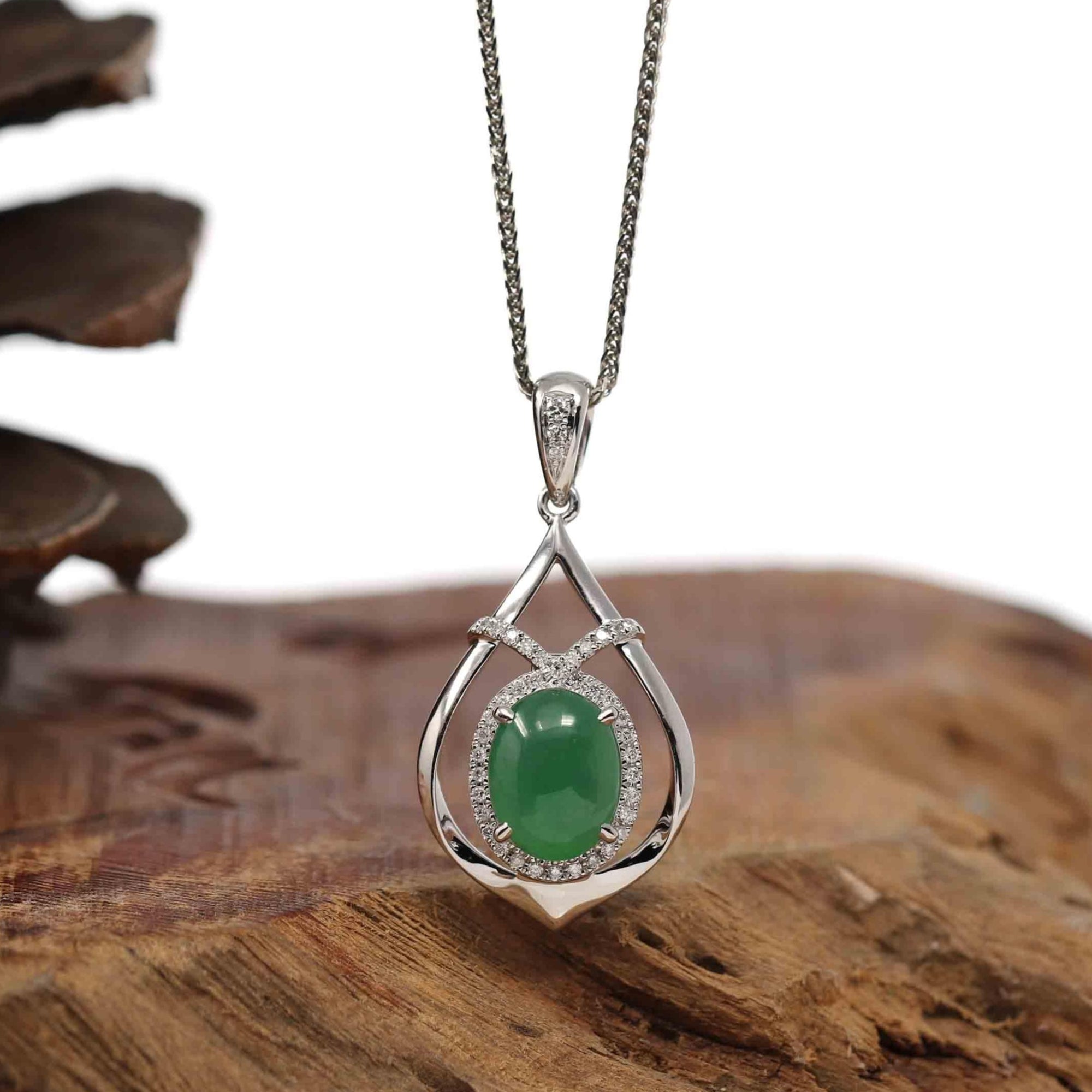 Baikalla Jewelry 18k Gold Jadeite Necklace 18K White Gold Oval Imperial Jadeite Jade Cabochon Necklace with Diamonds