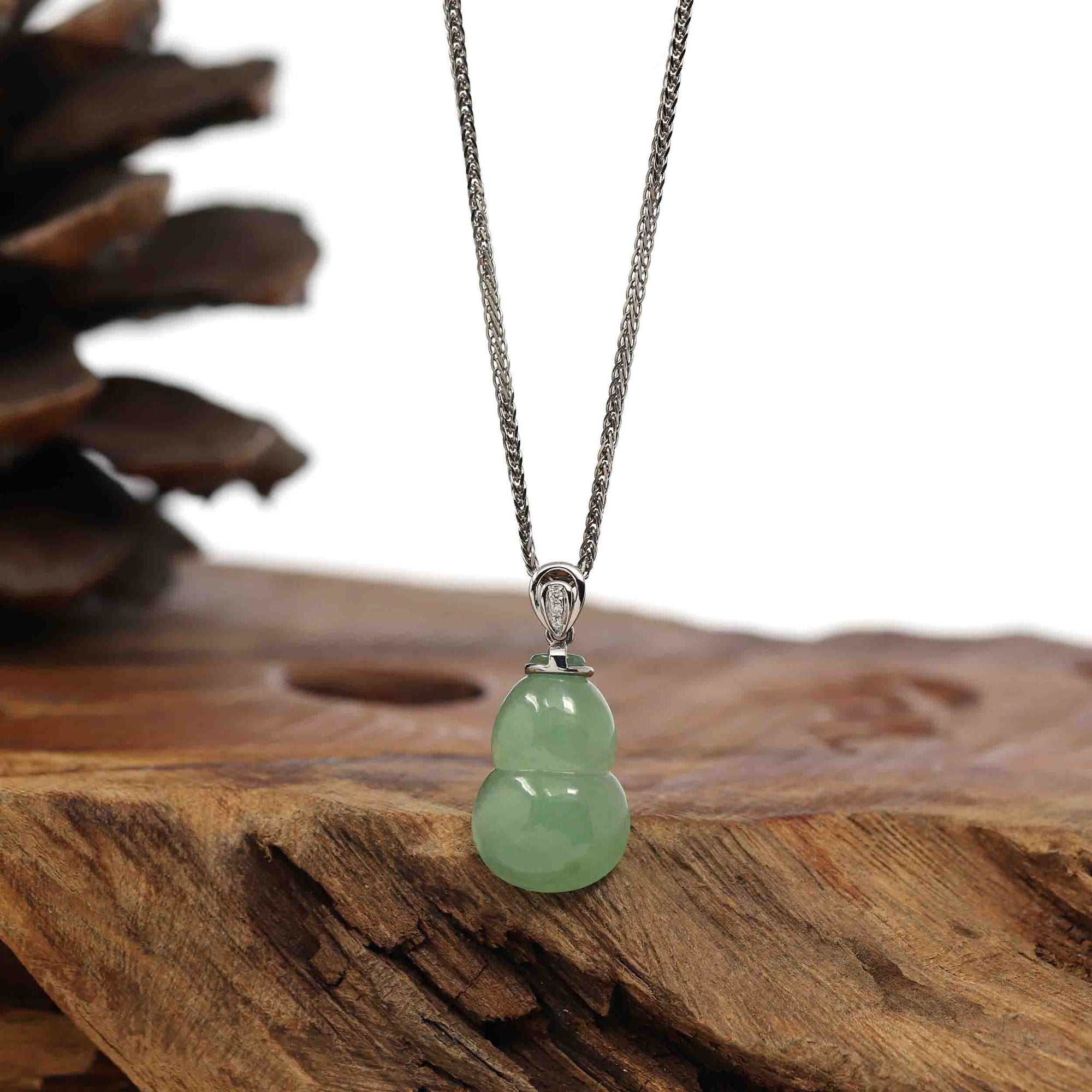 Baikalla Jewelry Jade Pendant Pendant Only Natural Green Jadeite Jade &quot;Magic Bottle Gourd&quot; Hulu Necklace With 14k White Gold Diamond Bail