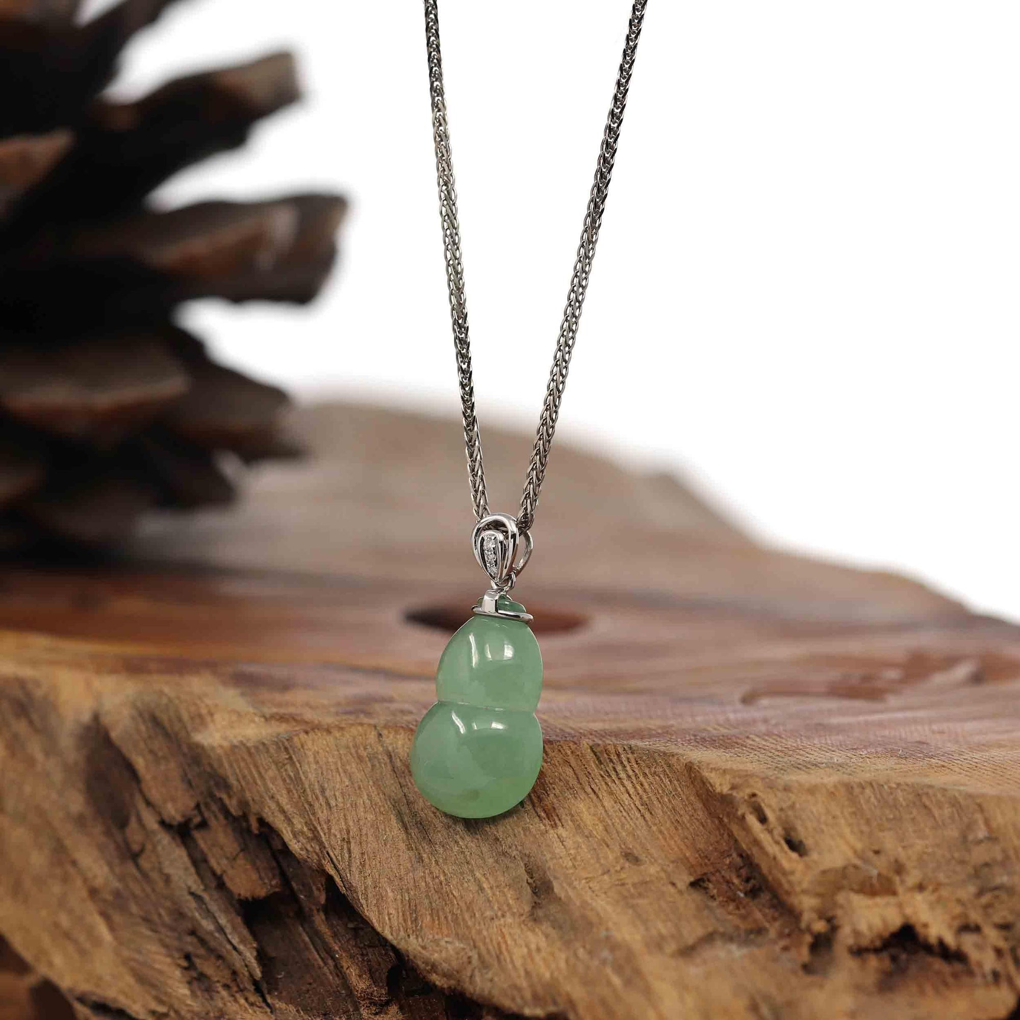 Baikalla Jewelry Jade Pendant Natural Green Jadeite Jade &quot;Magic Bottle Gourd&quot; Hulu Necklace With 14k White Gold Diamond Bail