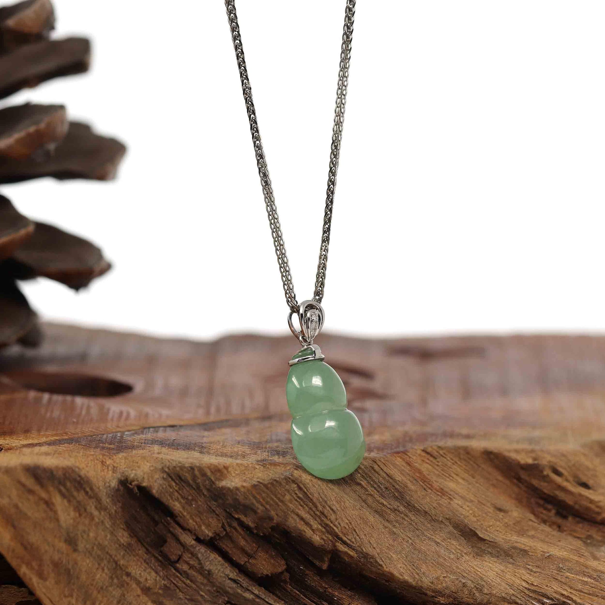 Baikalla Jewelry Jade Pendant Natural Green Jadeite Jade "Magic Bottle Gourd" Hulu Necklace With 14k White Gold Diamond Bail