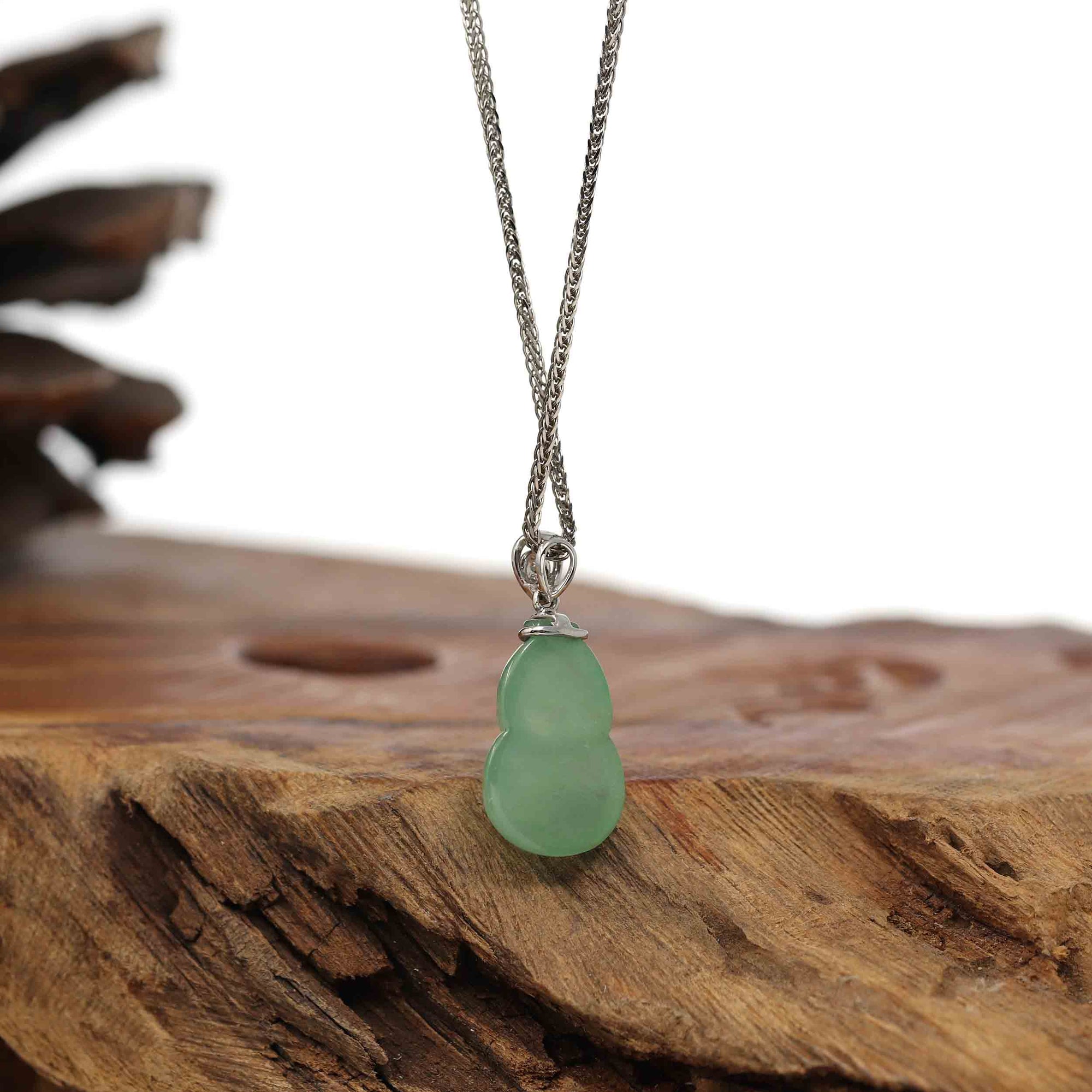 Baikalla Jewelry Jade Pendant Natural Green Jadeite Jade &quot;Magic Bottle Gourd&quot; Hulu Necklace With 14k White Gold Diamond Bail