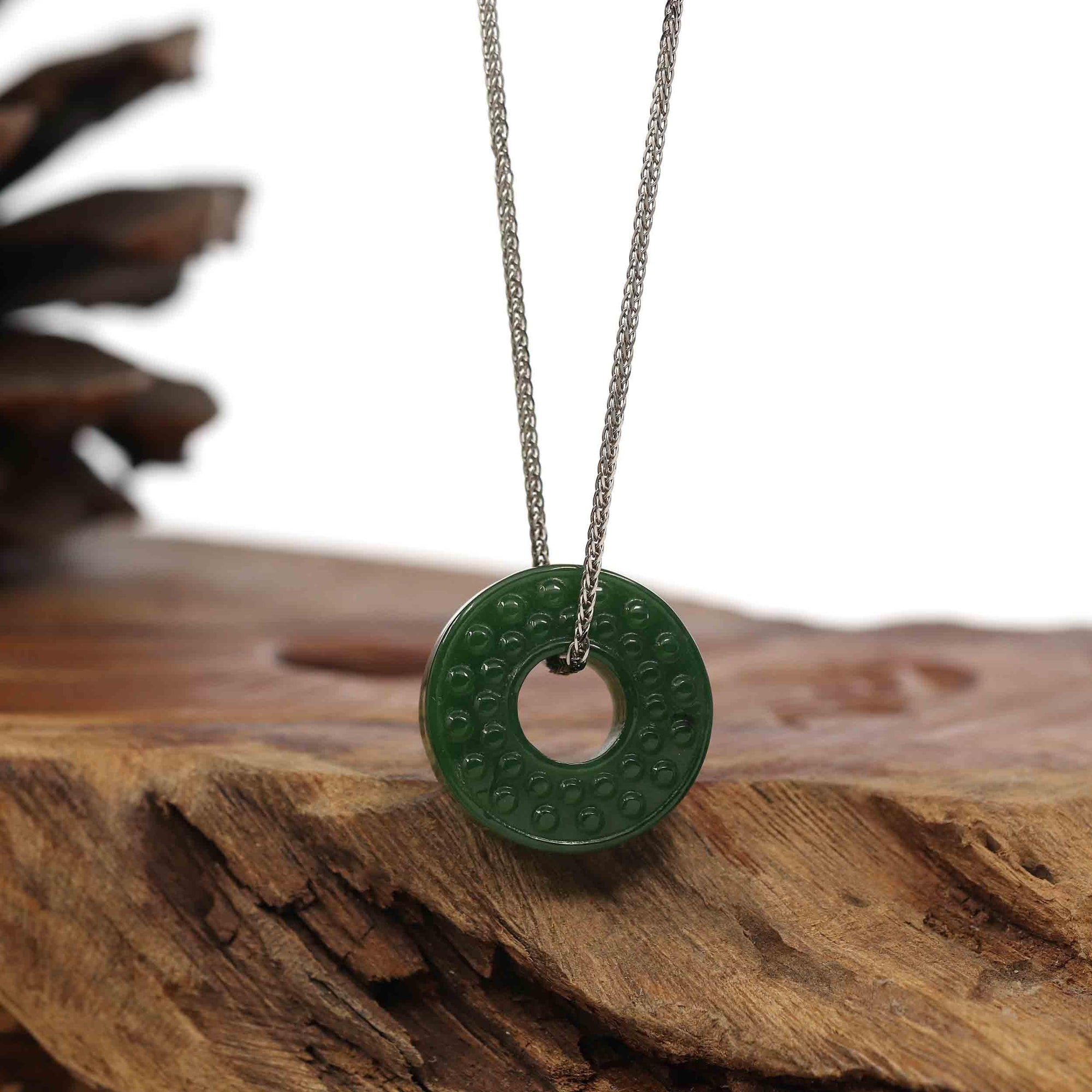 Baikalla Jewelry Jade Pendant Necklace Baikalla™ &quot;Good Luck Button&quot; Necklace Real Green Nephrite Jade Lucky KouKou Donut Pendant Necklace