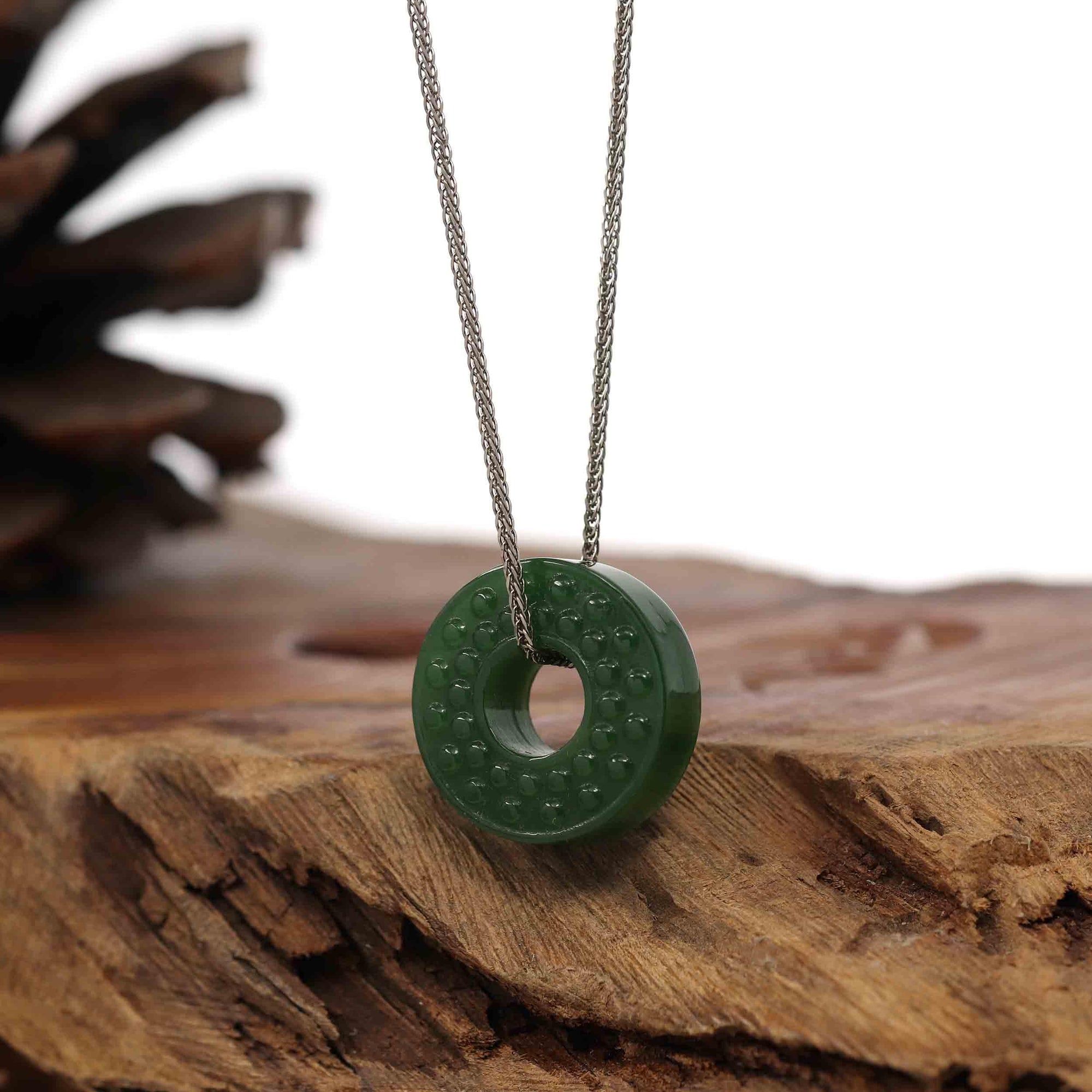 Baikalla Jewelry Jade Pendant Necklace Baikalla™ &quot;Good Luck Button&quot; Necklace Real Green Nephrite Jade Lucky KouKou Donut Pendant Necklace