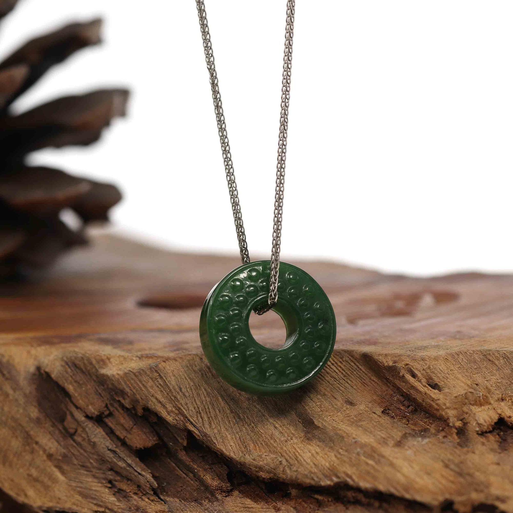 Baikalla Jewelry Jade Pendant Necklace Silver Wheat Chain Baikalla™ &quot;Good Luck Button&quot; Necklace Real Green Nephrite Jade Lucky KouKou Donut Pendant Necklace