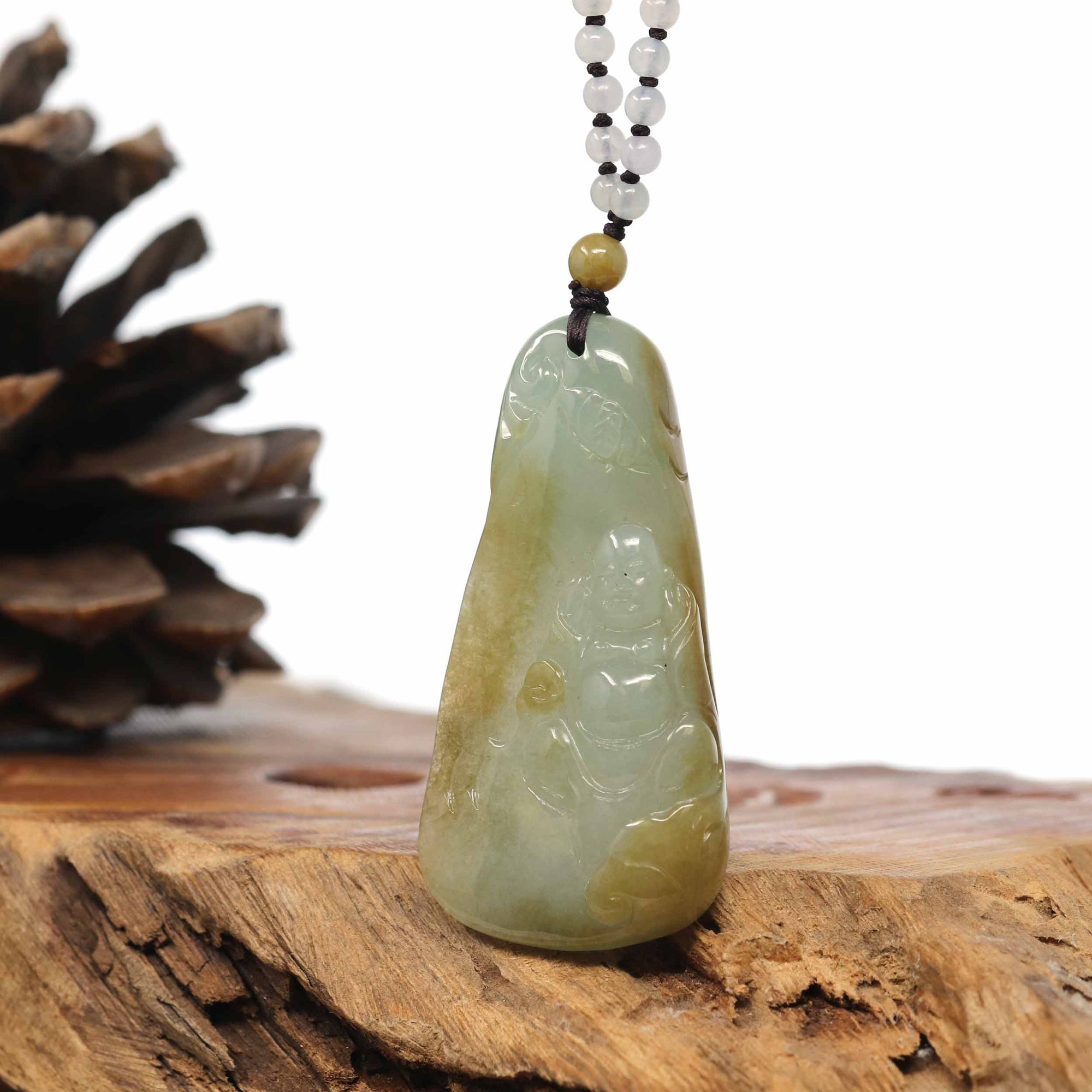 Baikalla Jewelry Gold Jadeite Jade Pendant Necklace Natural Burmese Jadeite Jade Happy Buddha