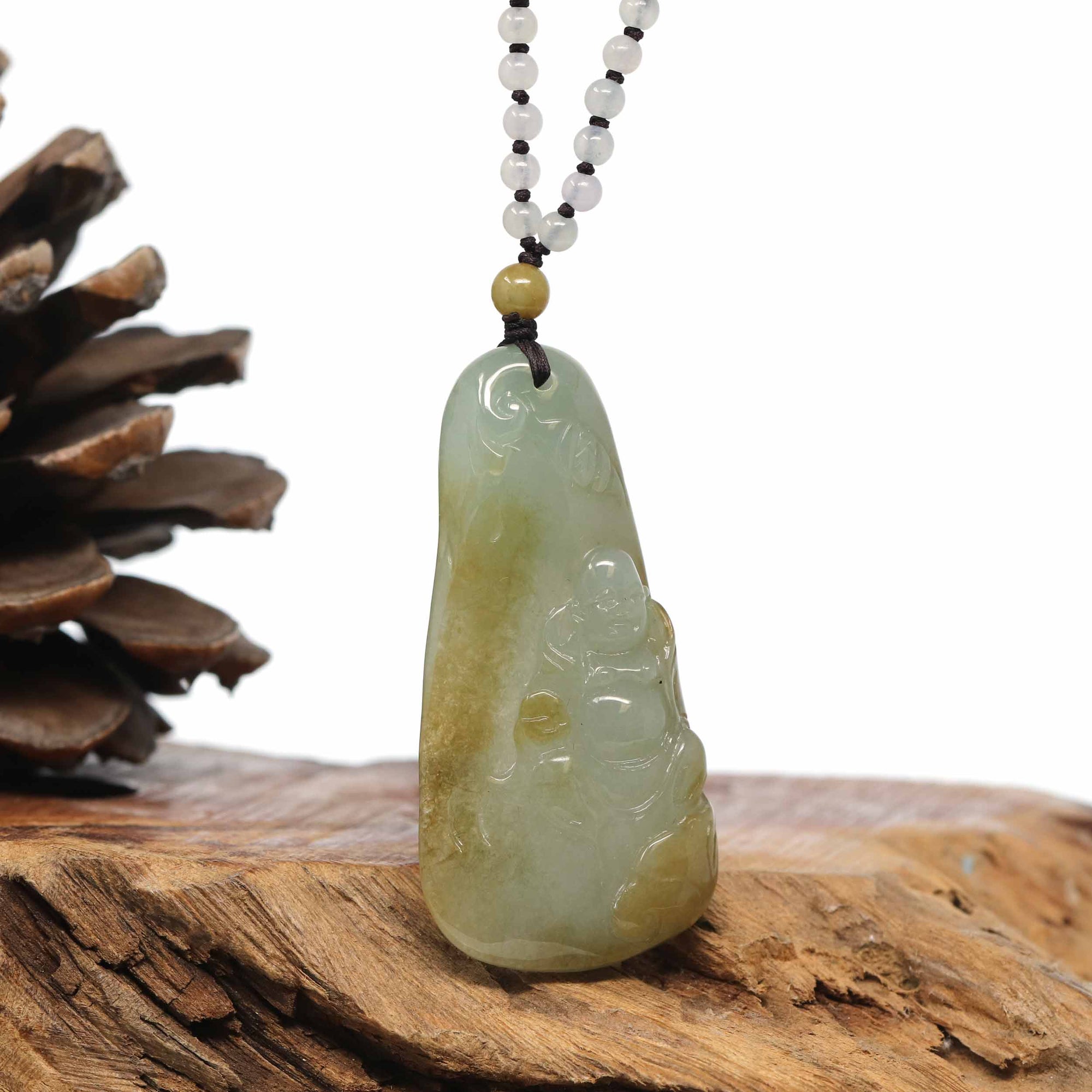 Baikalla Jewelry Gold Jadeite Jade Pendant Necklace Natural Burmese Jadeite Jade Happy Buddha