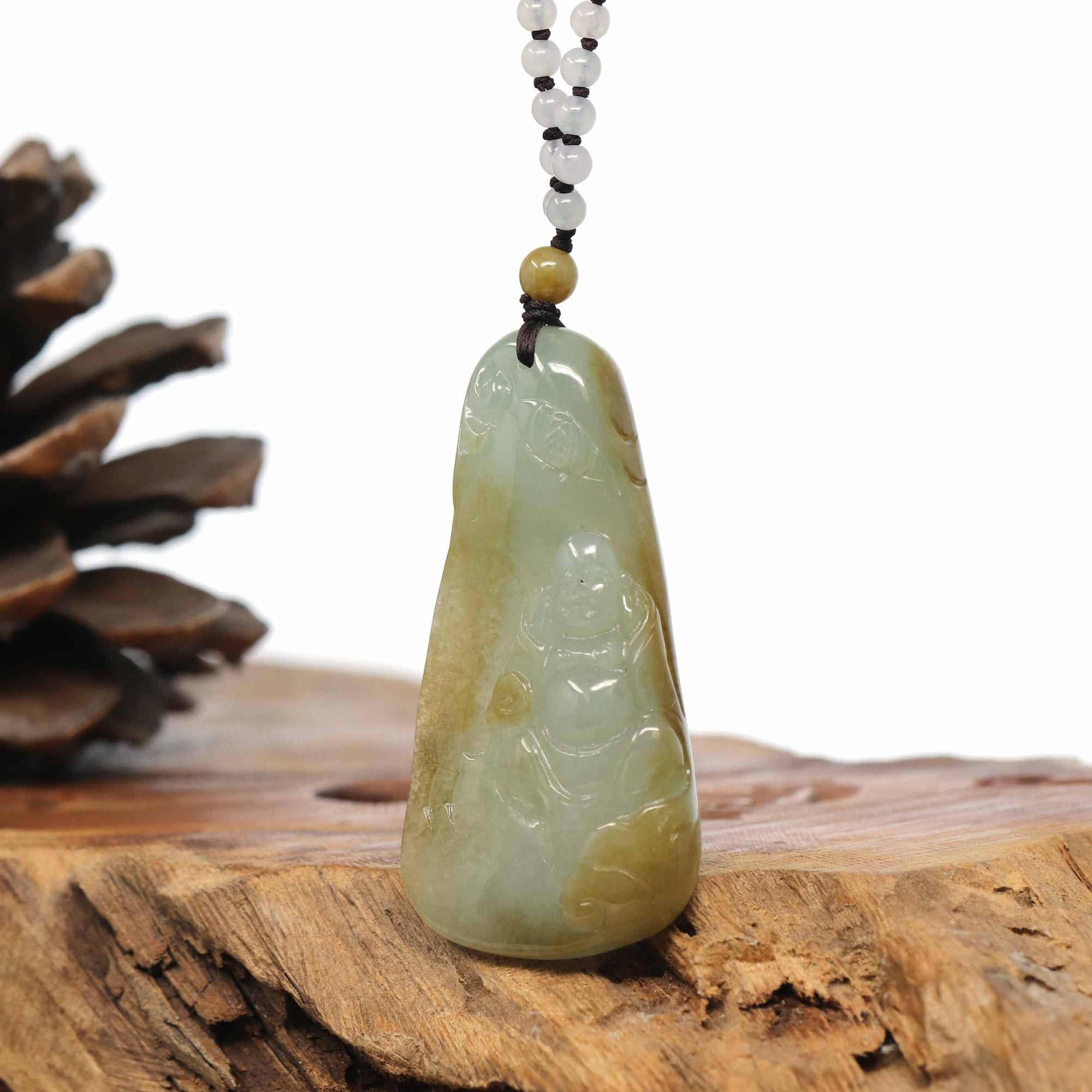 Baikalla Jewelry Gold Jadeite Jade Pendant Necklace Natural Burmese Jadeite Jade Happy Buddha