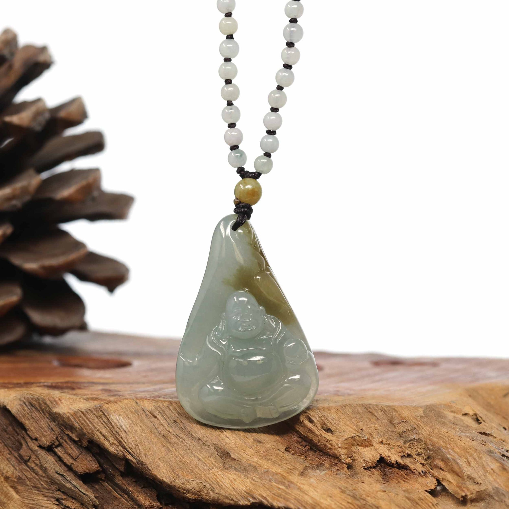 Baikalla Jewelry Gold Jadeite Jade Pendant Necklace Natural Burmese Jadeite Jade Happy Buddha