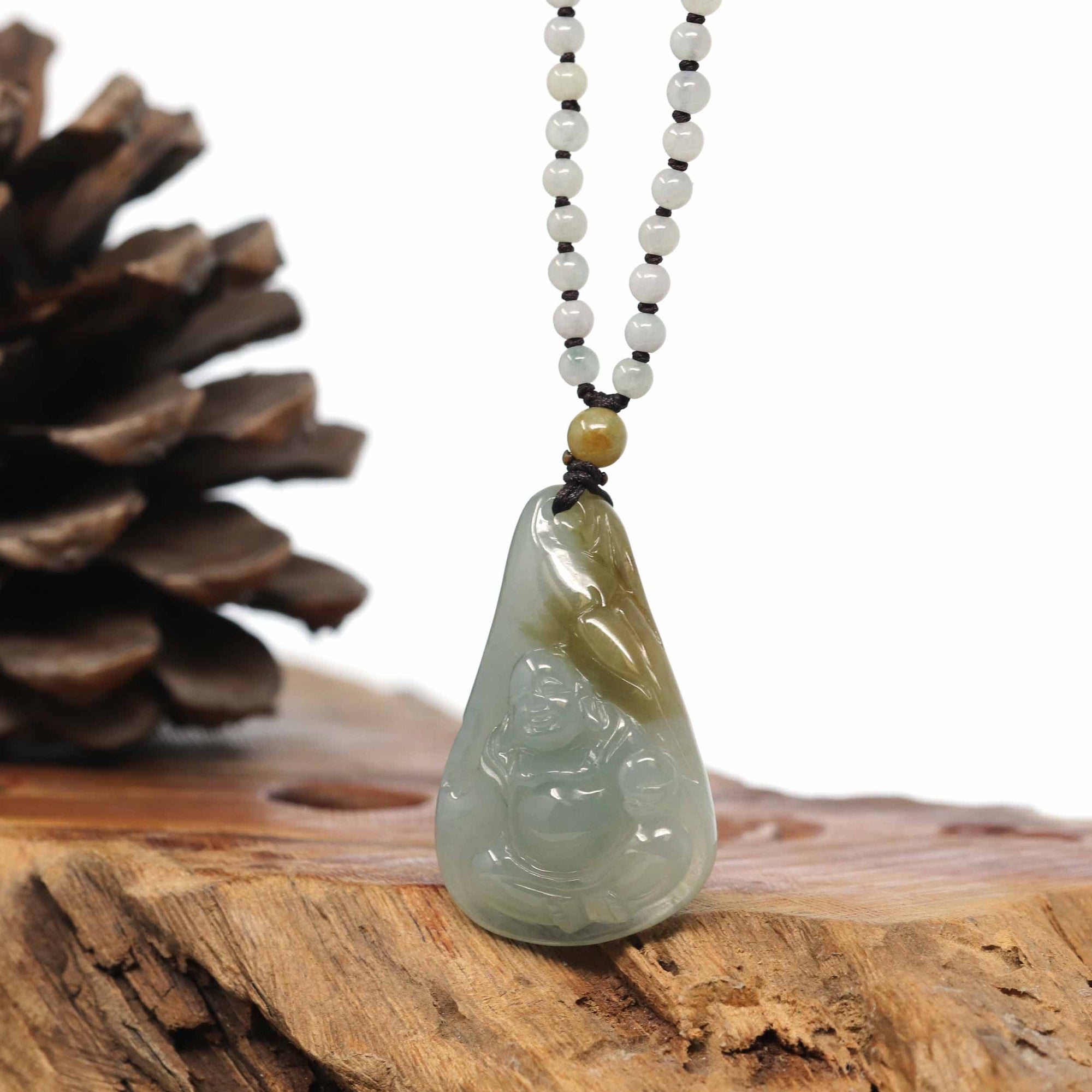 Baikalla Jewelry Gold Jadeite Jade Pendant Necklace Natural Burmese Jadeite Jade Happy Buddha