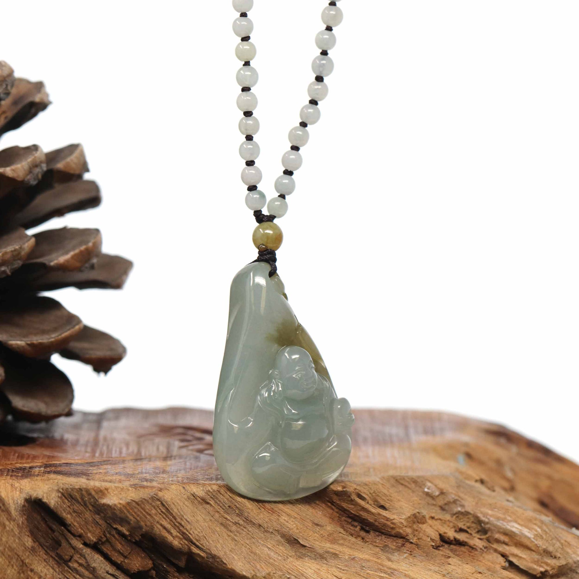 Baikalla Jewelry Gold Jadeite Jade Pendant Necklace Natural Burmese Jadeite Jade Happy Buddha