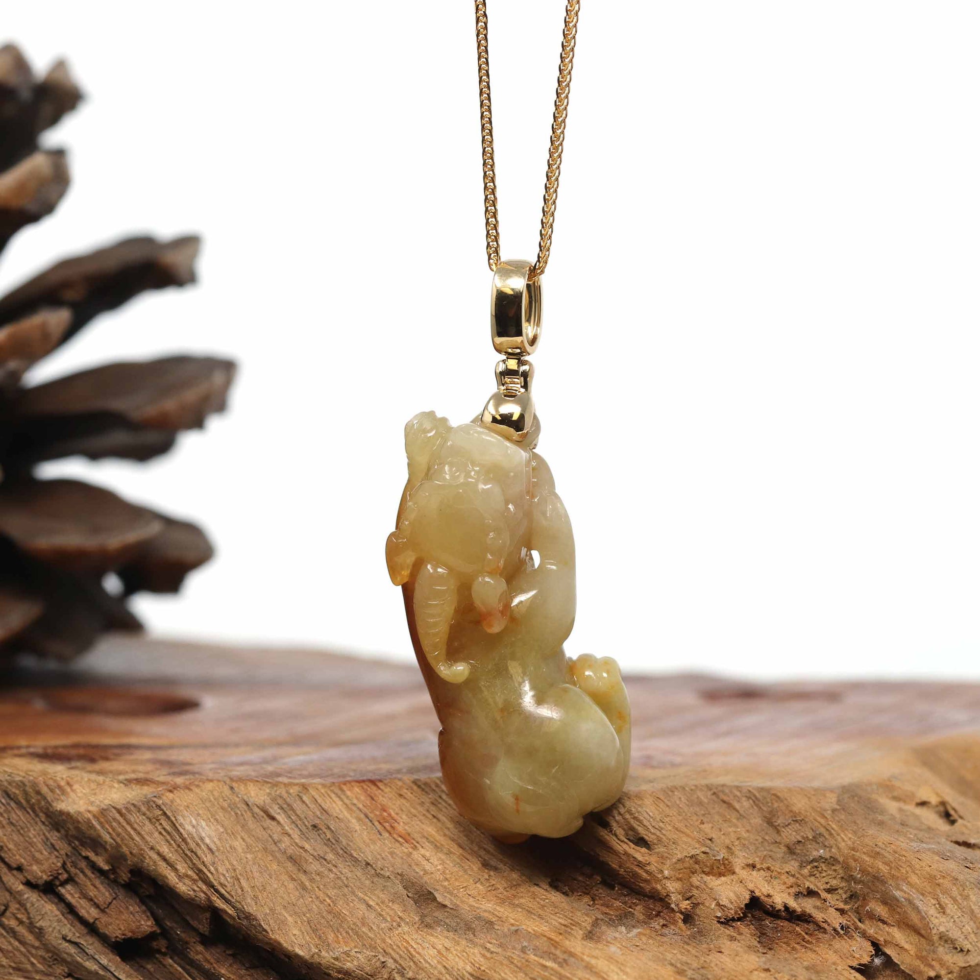 Baikalla Jewelry genuine jadeite carving Genuine Burmese Yellow Jadeite Jade PiXiu Pendant Necklace With 18K Gold Bail