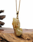 Baikalla Jewelry genuine jadeite carving Genuine Burmese Yellow Jadeite Jade PiXiu Pendant Necklace With 18K Gold Bail