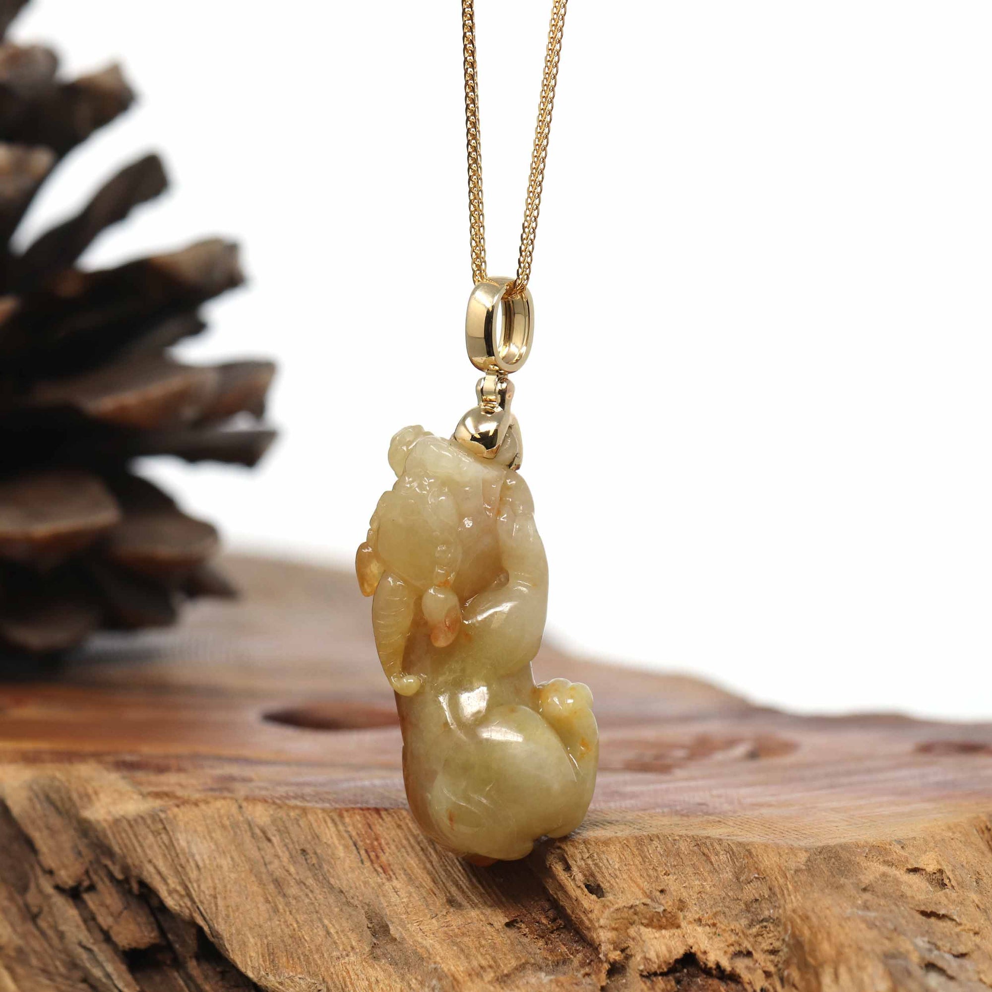 Baikalla Jewelry genuine jadeite carving Genuine Burmese Yellow Jadeite Jade PiXiu Pendant Necklace With 18K Gold Bail