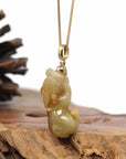 Baikalla Jewelry genuine jadeite carving Genuine Burmese Yellow Jadeite Jade PiXiu Pendant Necklace With 18K Gold Bail