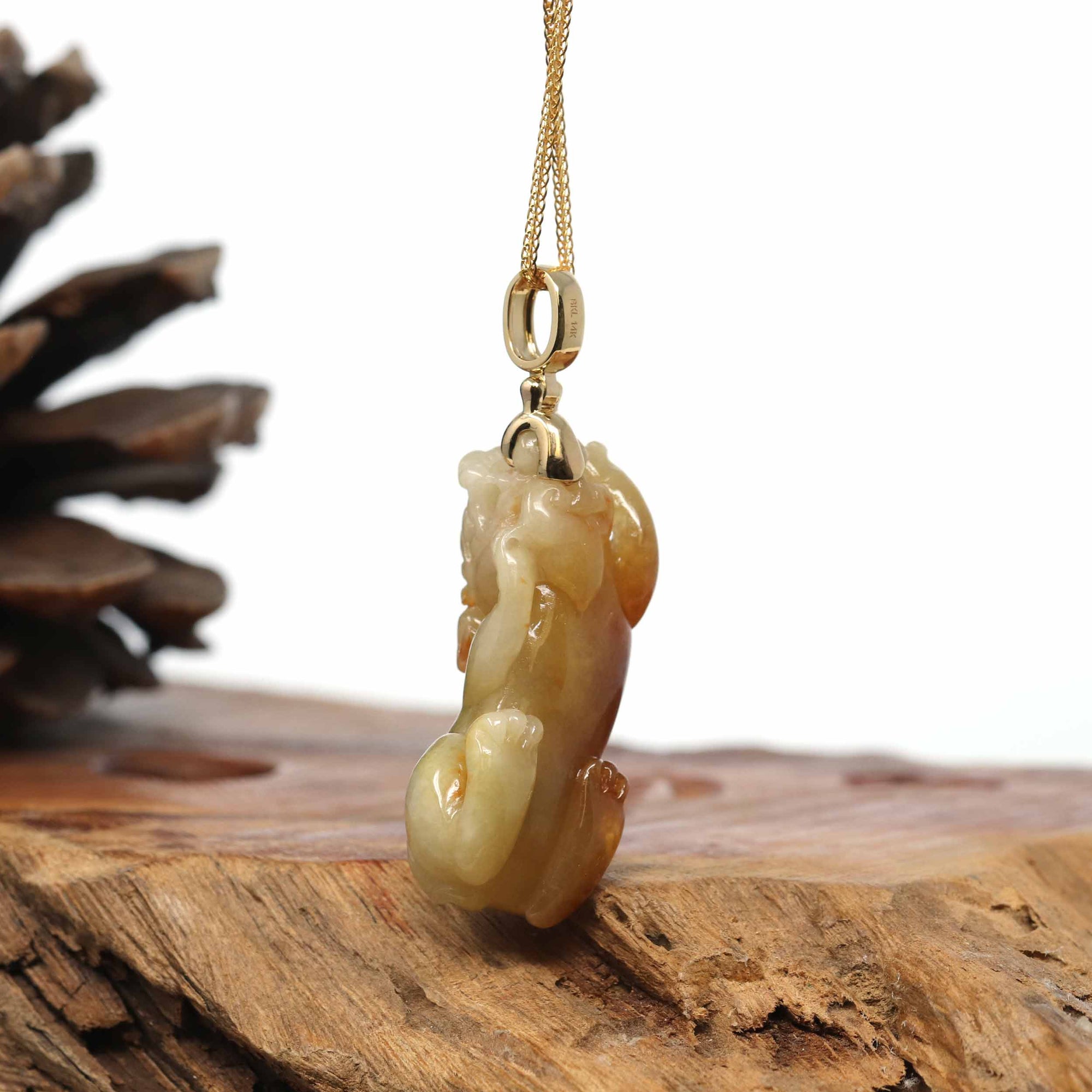 Baikalla Jewelry genuine jadeite carving Genuine Burmese Yellow Jadeite Jade PiXiu Pendant Necklace With 18K Gold Bail