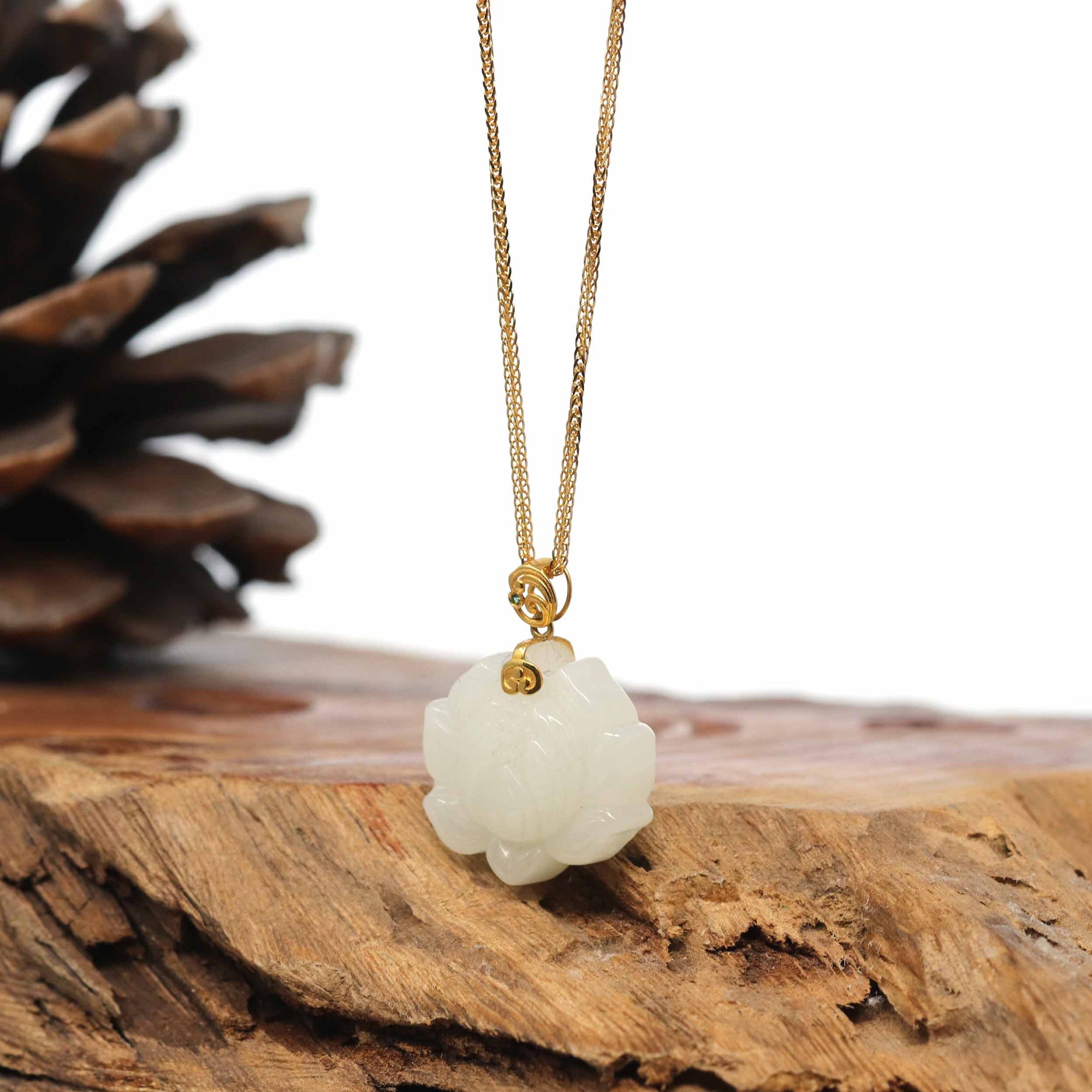 Baikalla Jewelry Gold Jade Pendant Genuine White Nephrite Jade Lotus Pendant Necklace With 18k Gold Bail