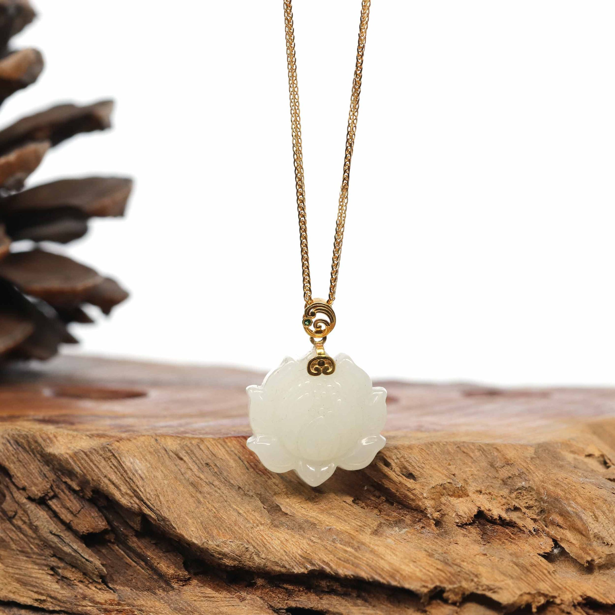 Baikalla Jewelry Gold Jade Pendant Genuine White Nephrite Jade Lotus Pendant Necklace With 18k Gold Bail