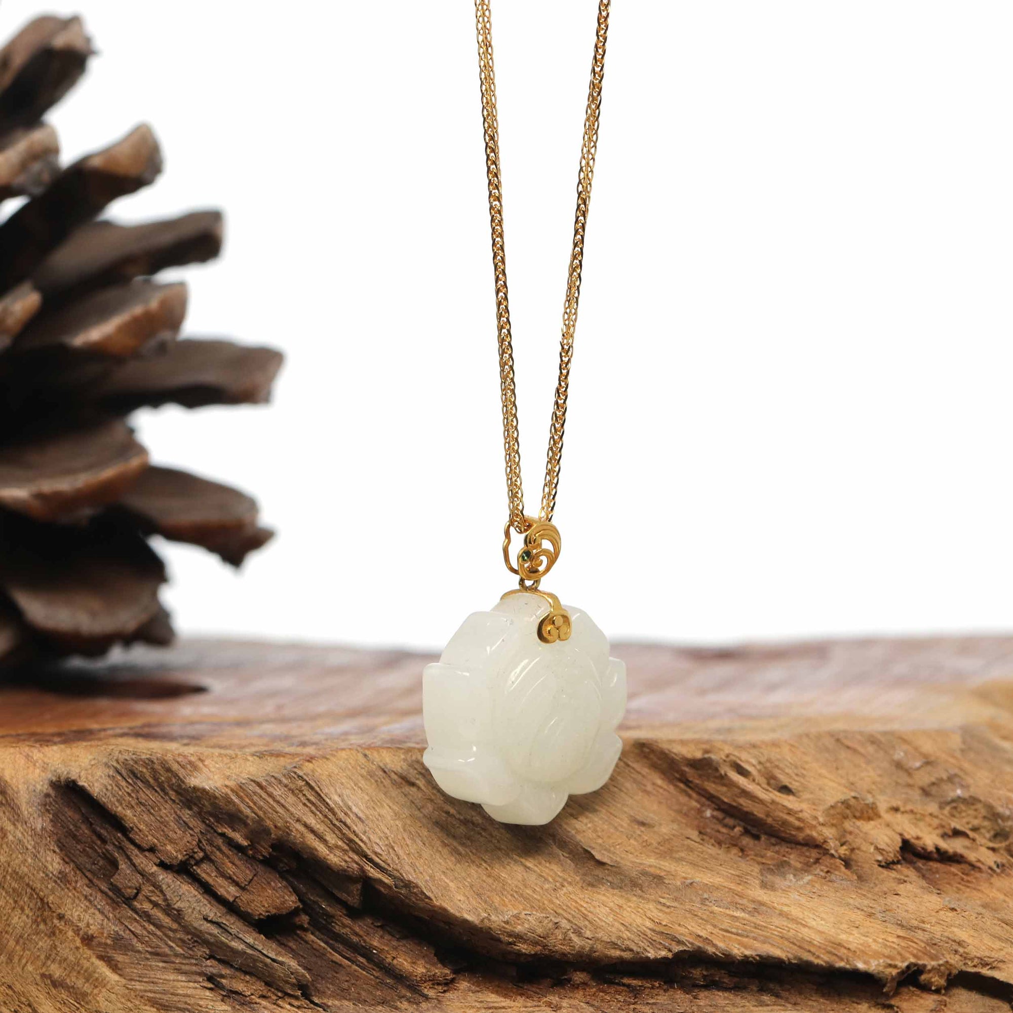 Baikalla Jewelry Gold Jade Pendant Genuine White Nephrite Jade Lotus Pendant Necklace With 18k Gold Bail