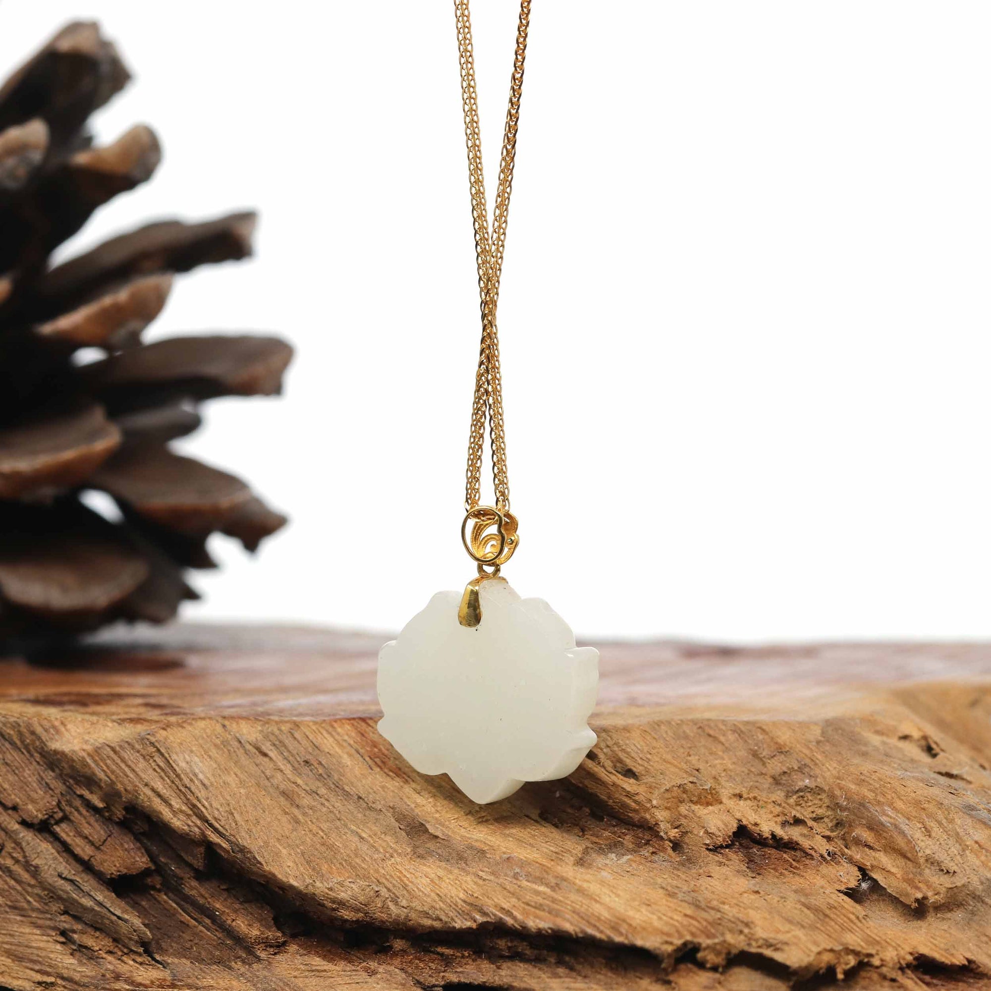 Baikalla Jewelry Gold Jade Pendant Genuine White Nephrite Jade Lotus Pendant Necklace With 18k Gold Bail