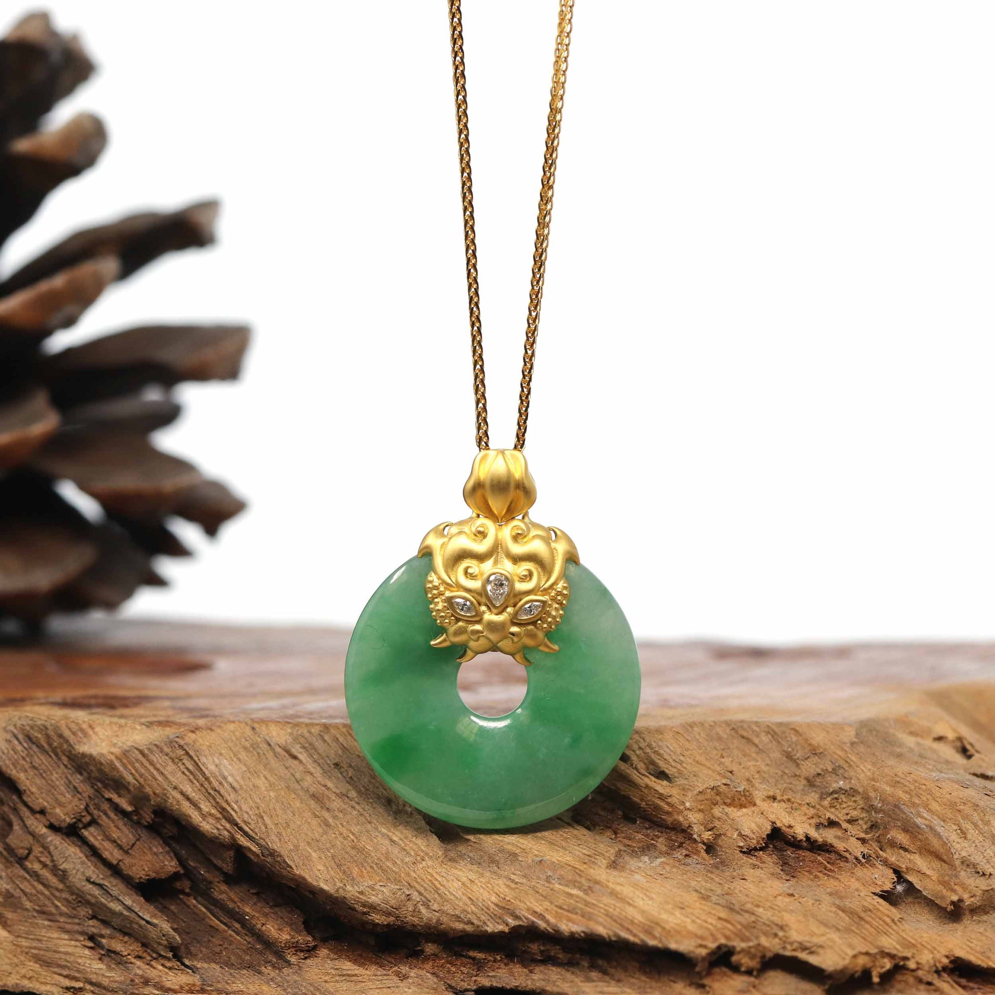 Baikalla Jewelry Gold Jadeite Jade Pendant Necklace 18K Yellow Gold "Good Luck Button" Necklace Green Jadeite Jade Pendant Necklace