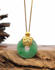 Baikalla Jewelry Gold Jadeite Jade Pendant Necklace 18K Yellow Gold "Good Luck Button" Necklace Green Jadeite Jade Pendant Necklace