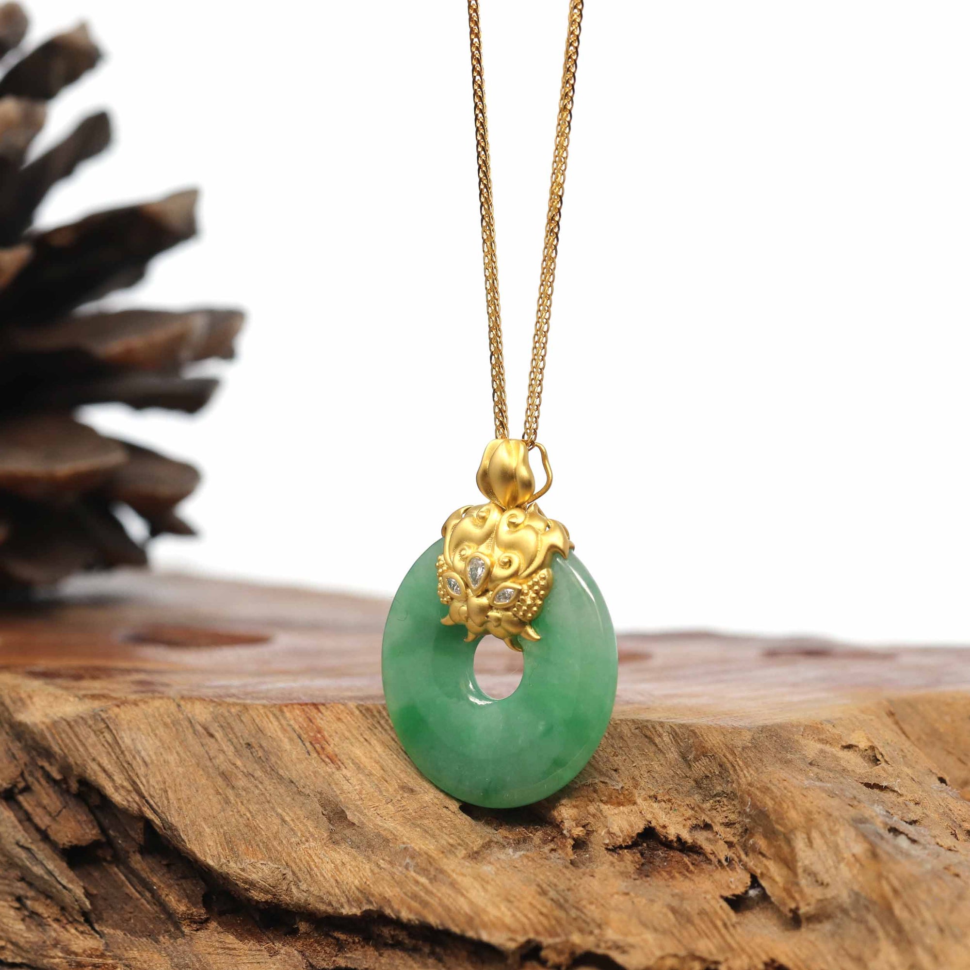 Baikalla Jewelry Gold Jadeite Jade Pendant Necklace 18K Yellow Gold "Good Luck Button" Necklace Green Jadeite Jade Pendant Necklace