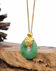 Baikalla Jewelry Gold Jadeite Jade Pendant Necklace 18K Yellow Gold "Good Luck Button" Necklace Green Jadeite Jade Pendant Necklace