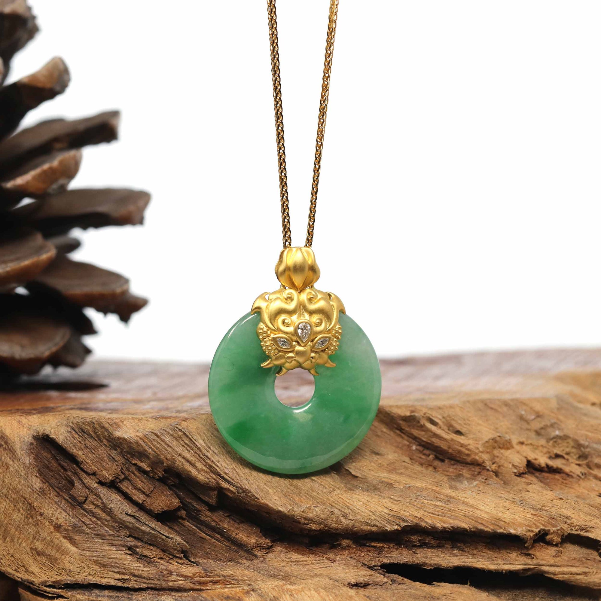 Baikalla Jewelry Gold Jadeite Jade Pendant Necklace 18K Yellow Gold "Good Luck Button" Necklace Green Jadeite Jade Pendant Necklace