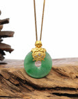 Baikalla Jewelry Gold Jadeite Jade Pendant Necklace 18K Yellow Gold "Good Luck Button" Necklace Green Jadeite Jade Pendant Necklace