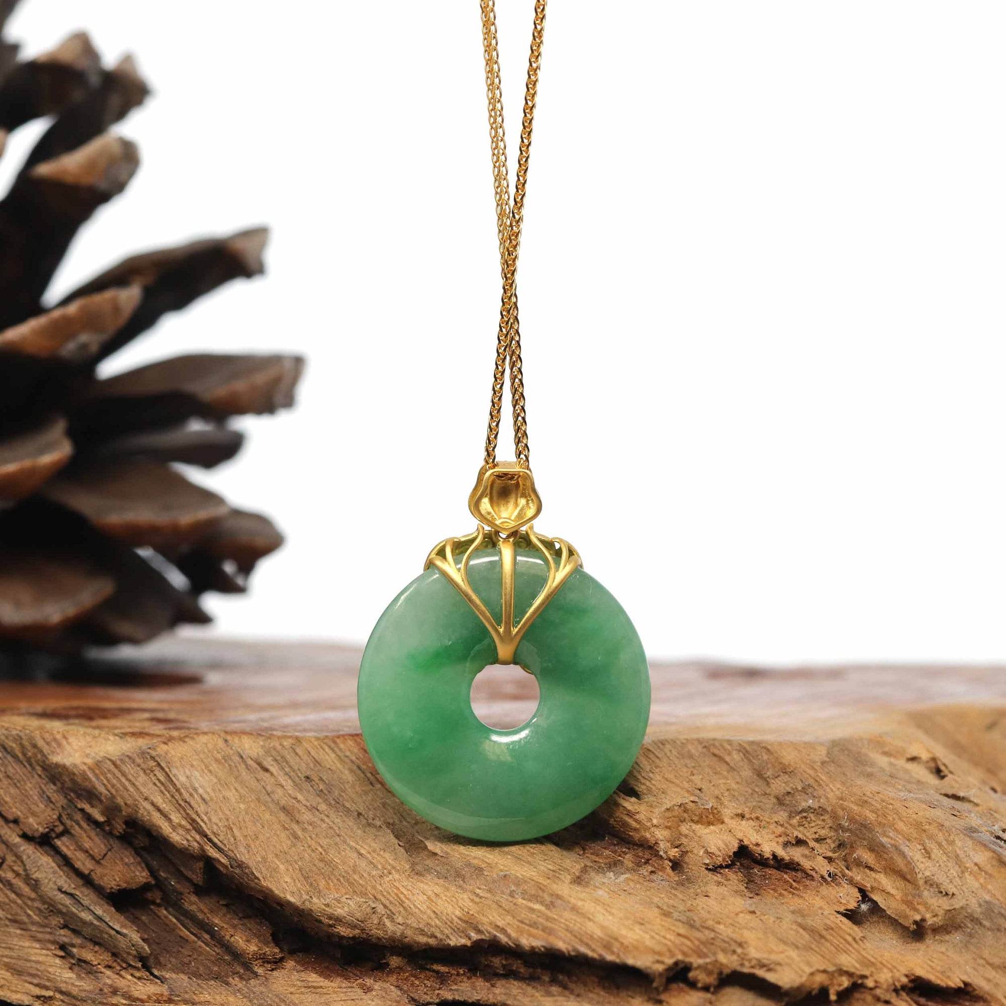 Baikalla Jewelry Gold Jadeite Jade Pendant Necklace 18K Yellow Gold "Good Luck Button" Necklace Green Jadeite Jade Pendant Necklace