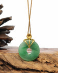 Baikalla Jewelry Gold Jadeite Jade Pendant Necklace 18K Yellow Gold "Good Luck Button" Necklace Green Jadeite Jade Pendant Necklace