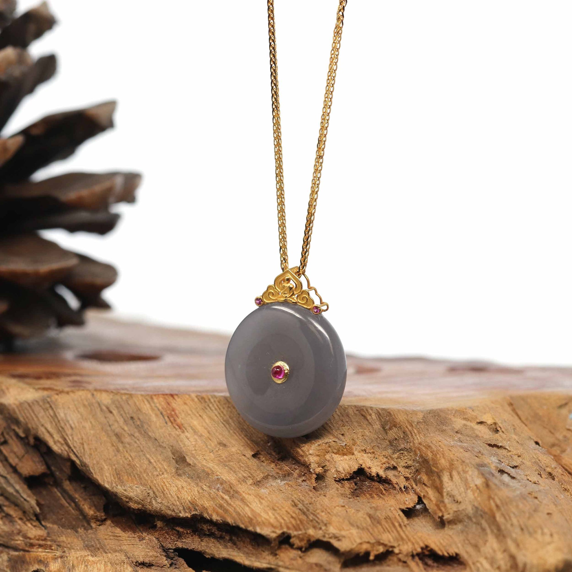 Baikalla Jewelry Gold Jade Pendant Genuine Smoky Purple Nephrite Jade Lucky Kou Kou Pendant Necklace With 18k Gold Bail