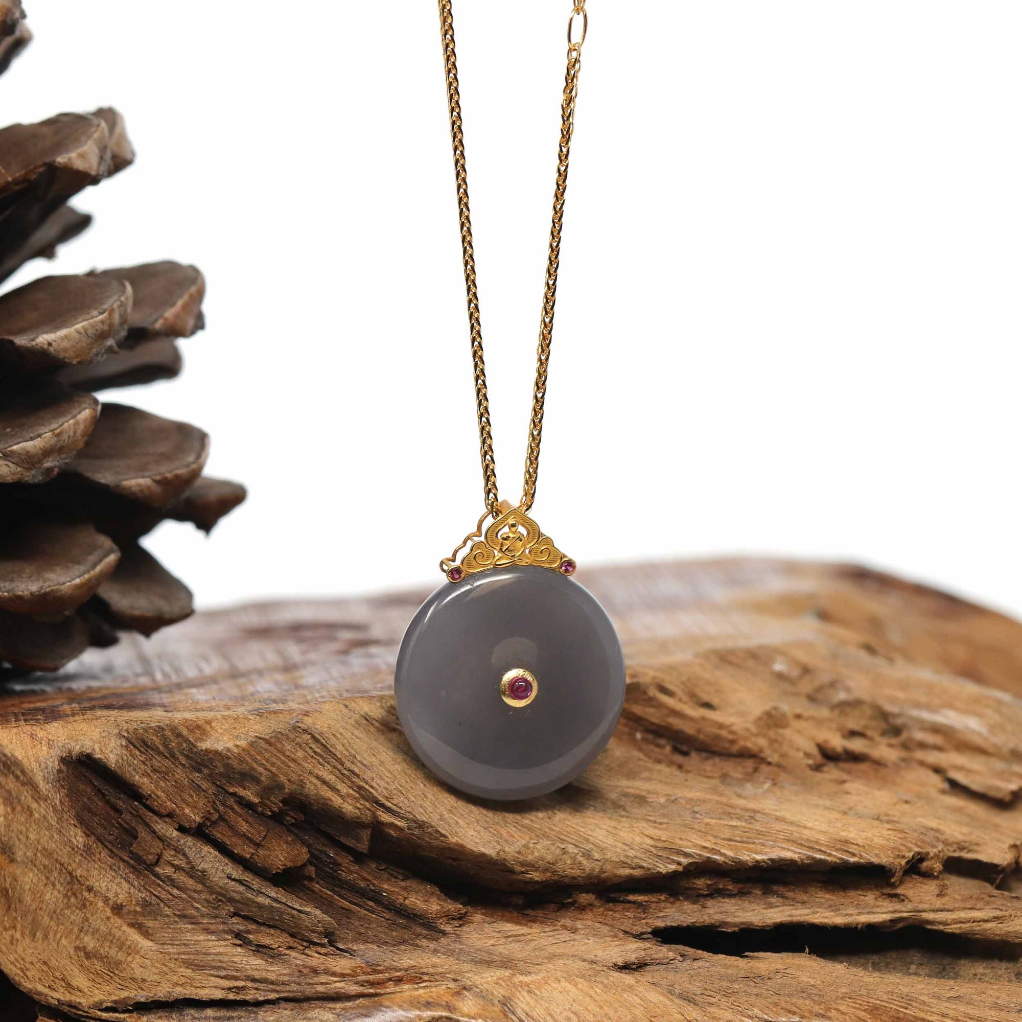 Baikalla Jewelry Gold Jade Pendant Genuine Smoky Purple Nephrite Jade Lucky Kou Kou Pendant Necklace With 18k Gold Bail