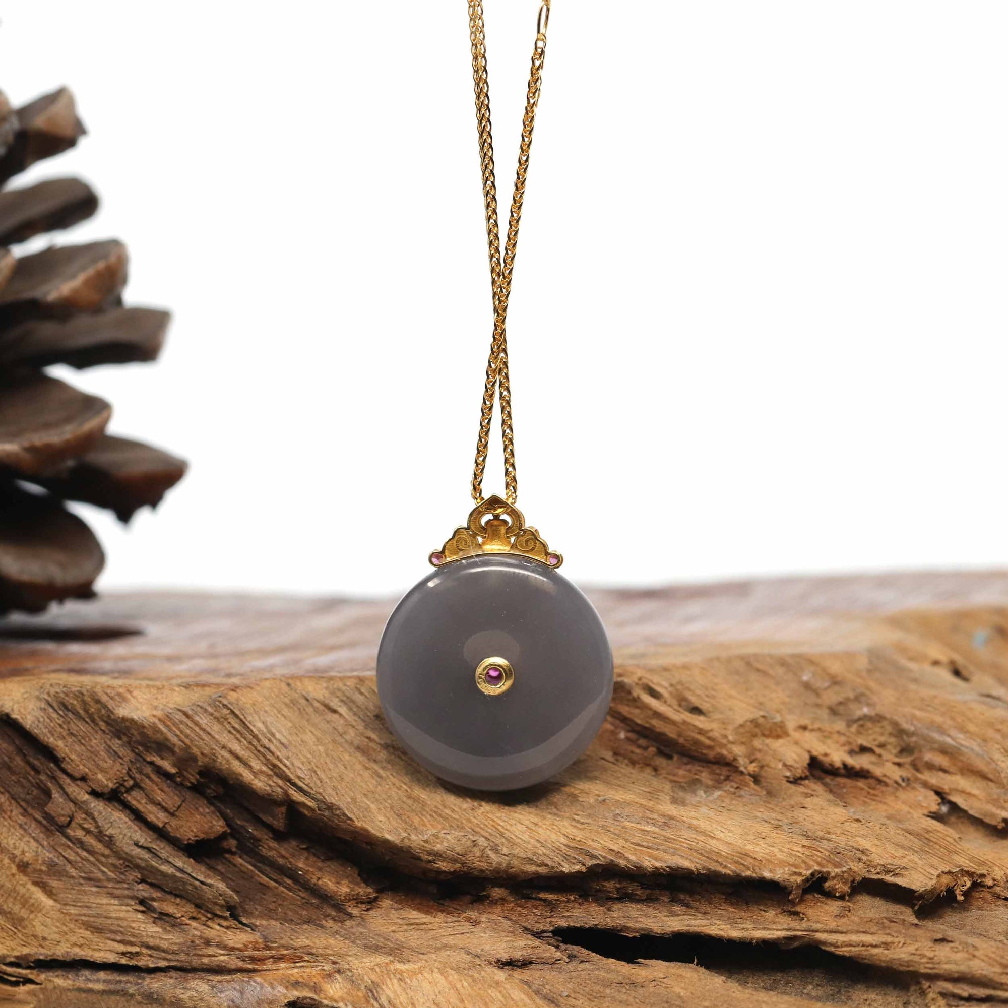 Baikalla Jewelry Gold Jade Pendant Genuine Smoky Purple Nephrite Jade Lucky Kou Kou Pendant Necklace With 18k Gold Bail