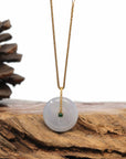 Baikalla Jewelry Gold Jadeite Jade Pendant Necklace 18K Yellow Gold "Good Luck Button" Necklace Ice Jadeite Jade Pendant Necklace