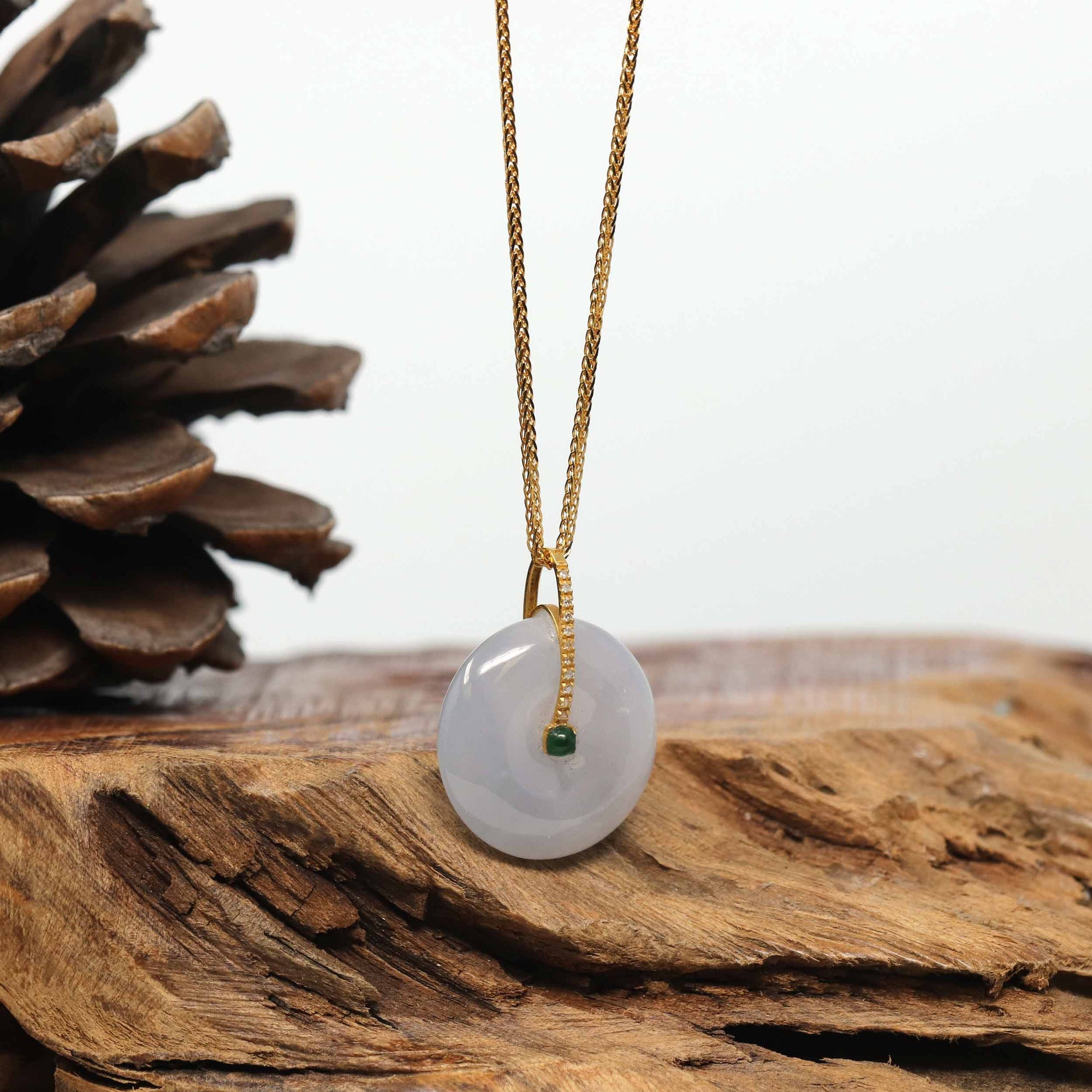 Baikalla Jewelry Gold Jadeite Jade Pendant Necklace 18K Yellow Gold "Good Luck Button" Necklace Ice Jadeite Jade Pendant Necklace